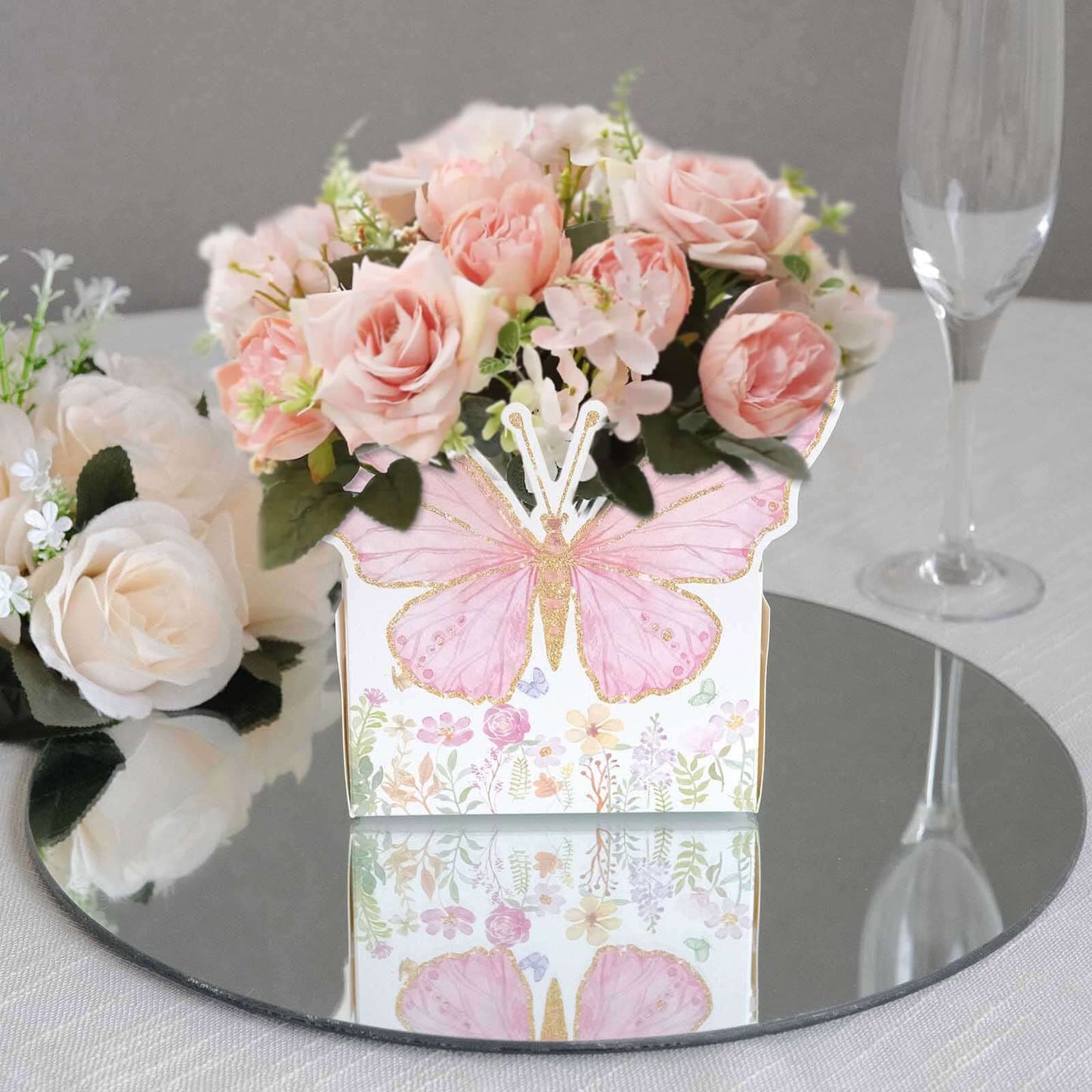 25-Pack Disposable Food Trays White/Pink Glitter Butterfly Design Cardstock - Whimsical Disposable Serving Tray Food Boats for Girls Birthday Baby Shower Party Supplies 6"x7"