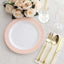 10-Pack Plastic Round Dinner Plates 10" White with Blush Rose Gold Spiral Rim - Chic Disposable Party Plates
