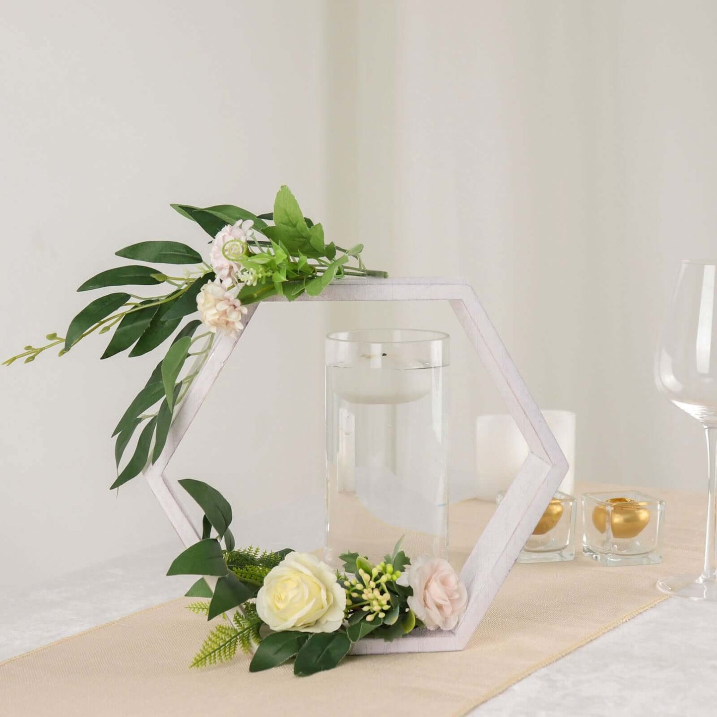 2 Pack 9" Hexagon Whitewashed Wood Centerpiece, Geometric Terrarium, Honeycomb Storage Shelf