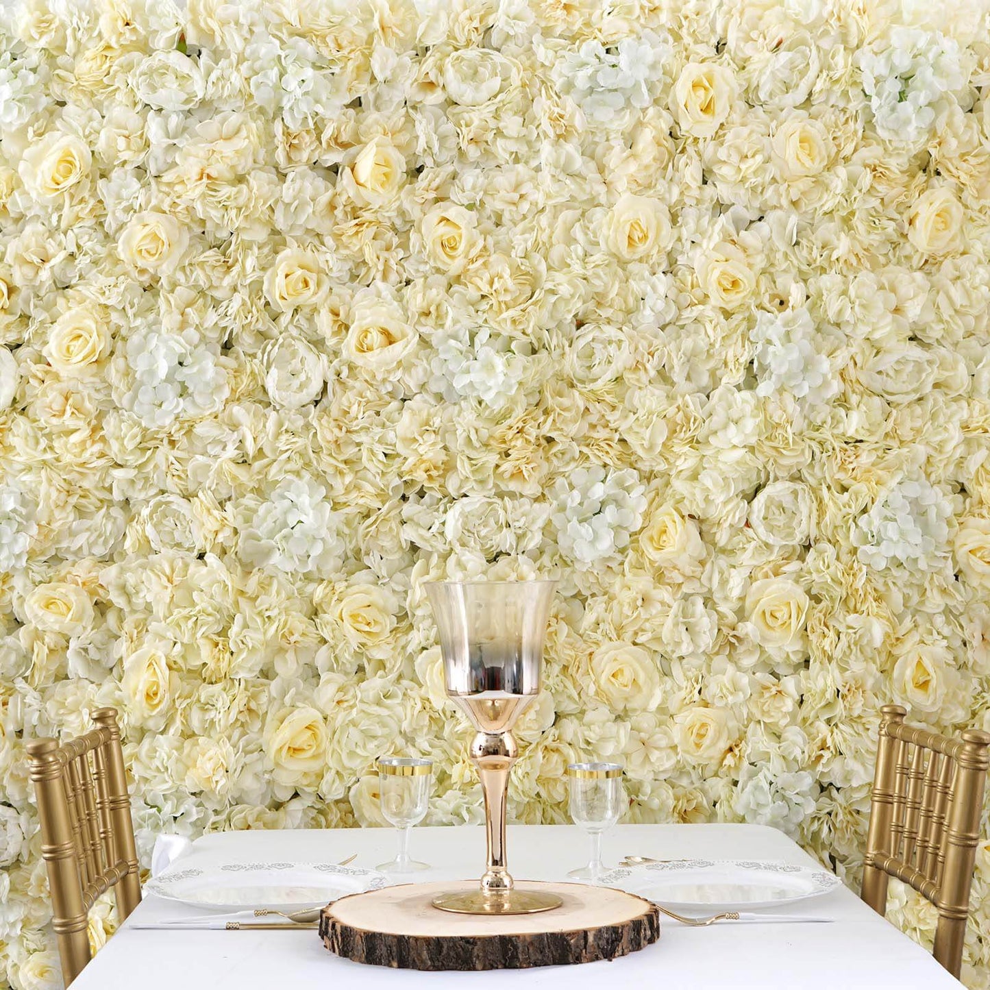 13 Sq ft. White Champagne UV Protected Assorted Flower Wall Mat Backdrop - 4 Artificial Panels