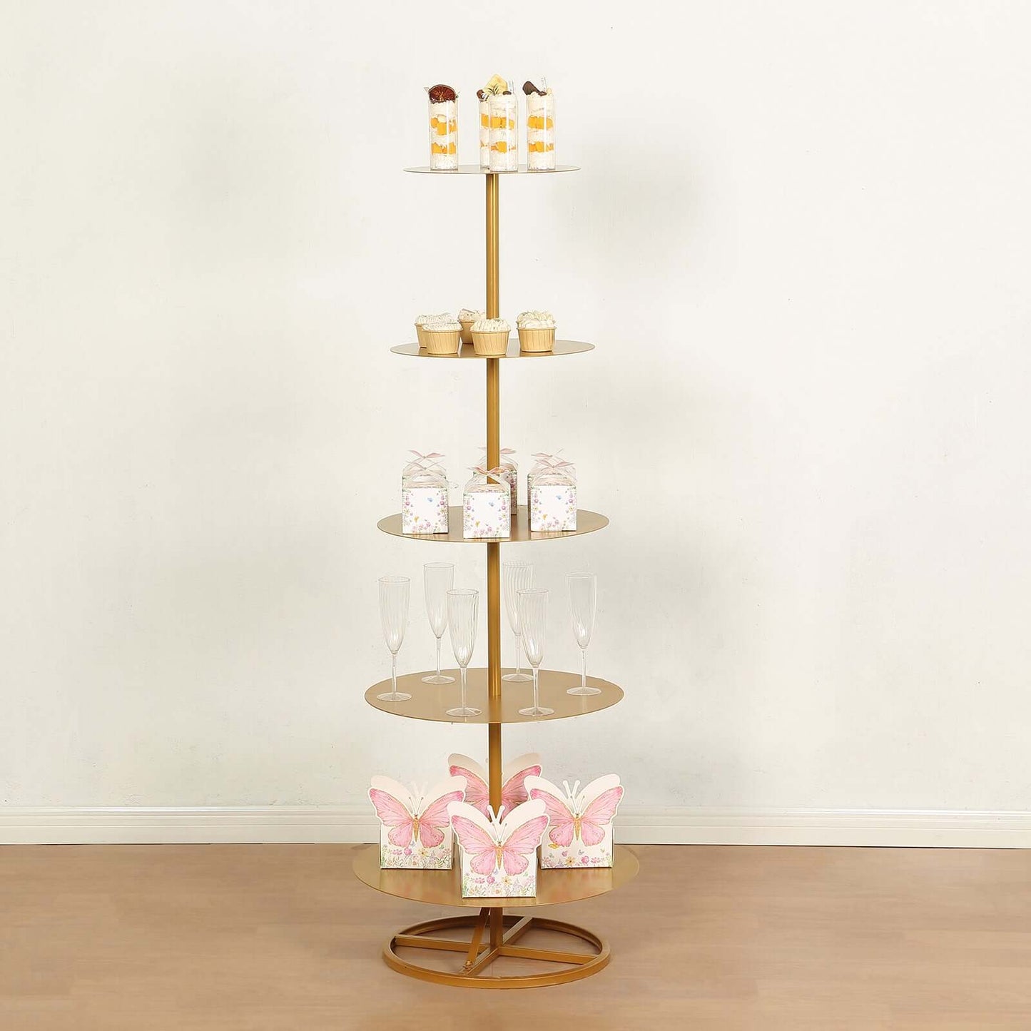 5 Tier Champagne Tower Stand Gold Metal Round Dessert Display Cupcake Holder - Sturdy Event Centerpiece 4.5ft Tall