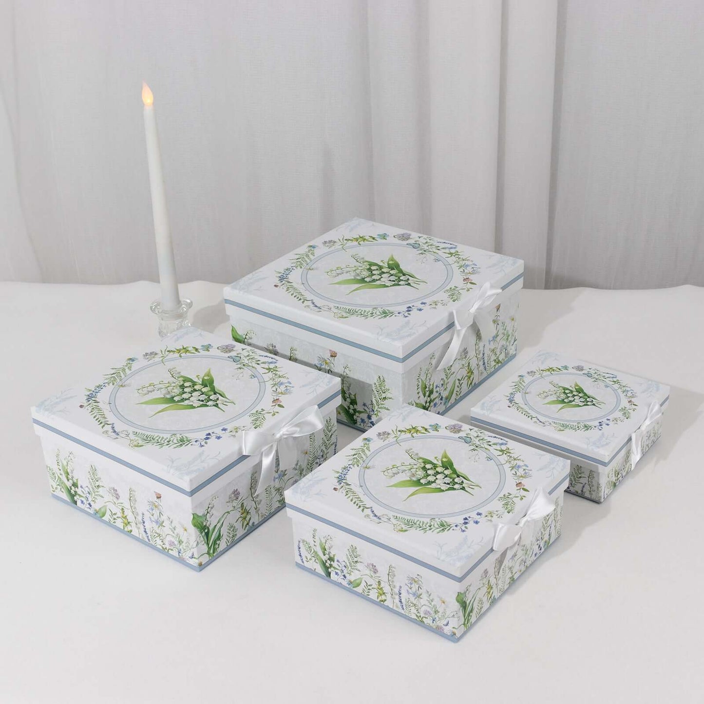Set of 4 Cardstock Square Nesting Gift Boxes White Green Floral Design - Decorative Heavy Duty Stackable Keepsake Boxes With Lids for Presents Storage & Pedestal Stand 6",7",8",9"