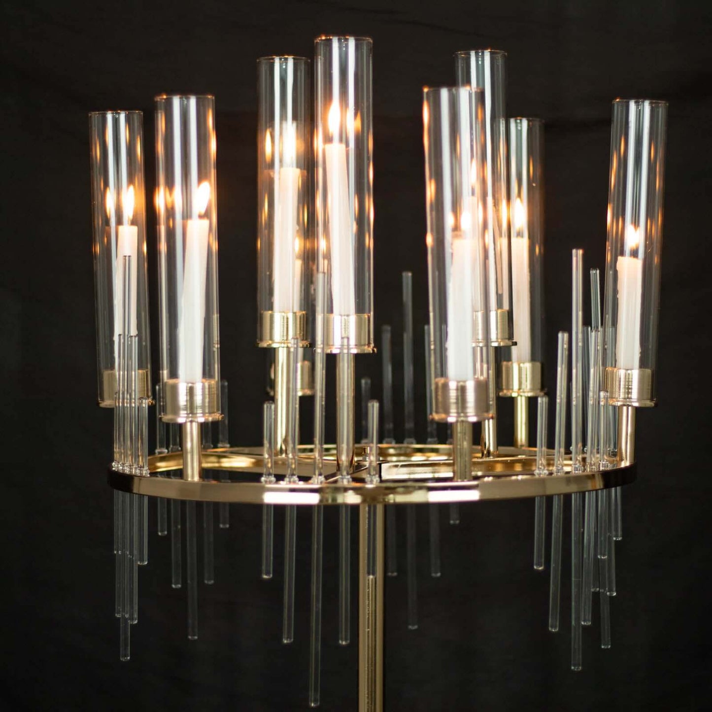 Metal 9-Arm Round Cluster Taper Candelabra Table Centerpiece Gold - Candlestick Holder Table Centerpiece With Drip Accents and Clear Glass Shades 40"