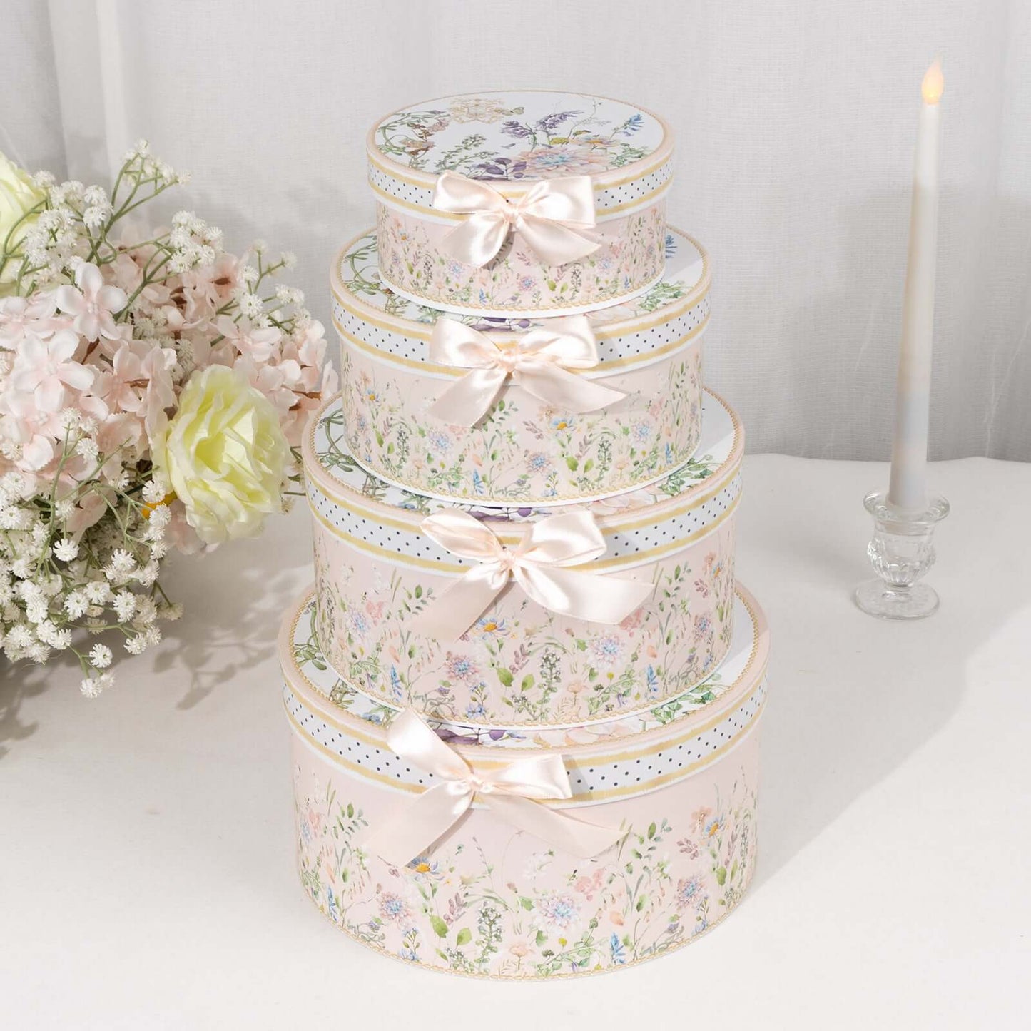 Set of 4 Cardstock Round Nesting Gift Boxes Blush Floral Design - Decorative Heavy Duty Stackable Keepsake Boxes With Lids for Presents Storage & Pedestal Stand 5",7",8",9"