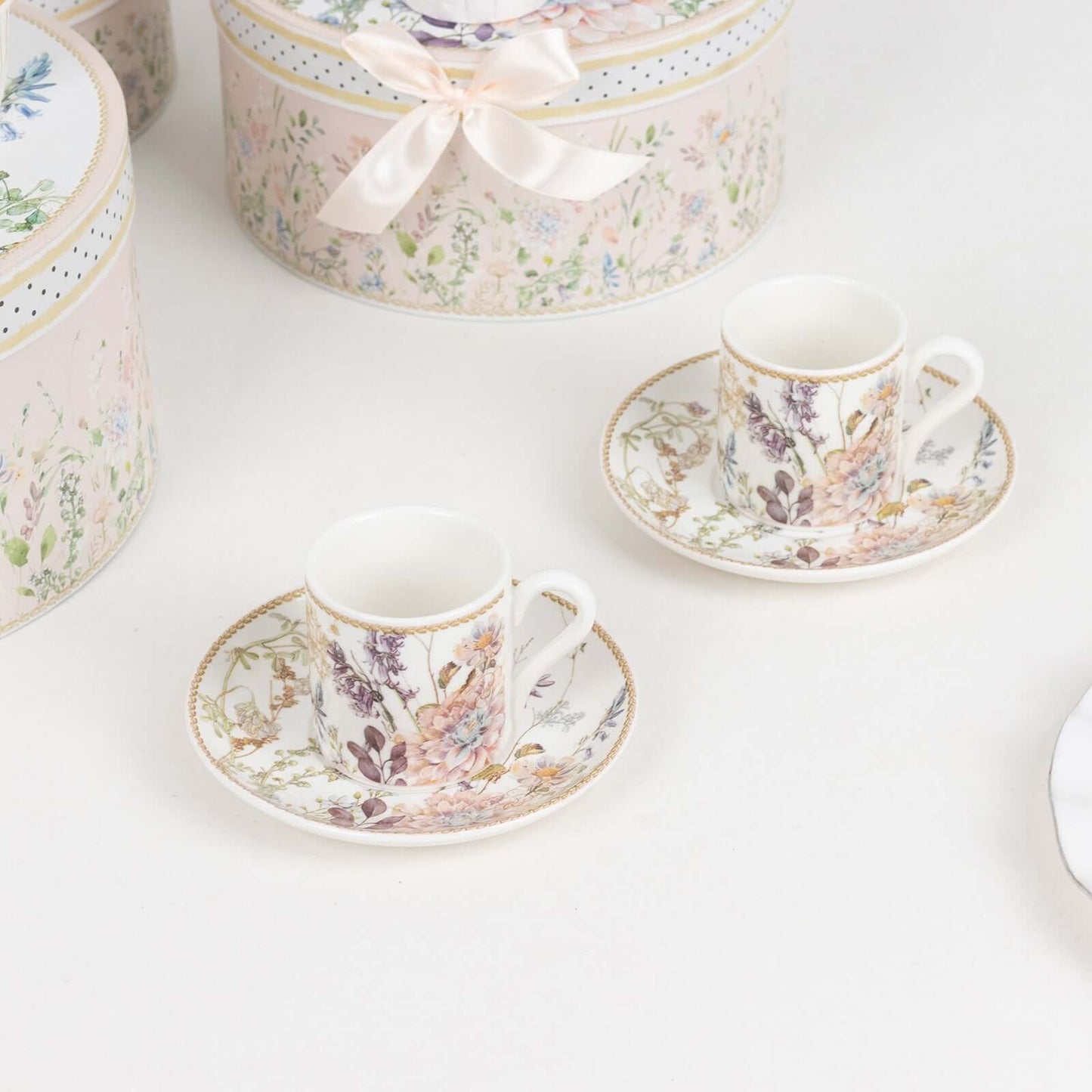 Blush Floral Design Bridal Shower Gift Set, Set of 2 Porcelain Espresso Cups and Saucers with Matching Keepsake Box