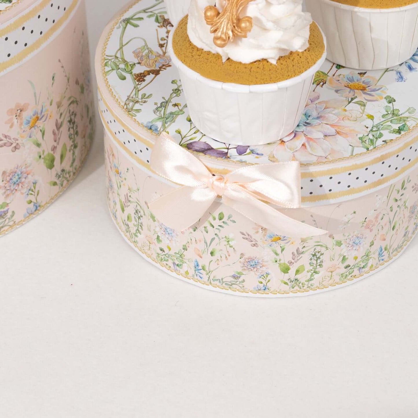 Set of 4 Cardstock Round Nesting Gift Boxes Blush Floral Design - Decorative Heavy Duty Stackable Keepsake Boxes With Lids for Presents Storage & Pedestal Stand 5",7",8",9"