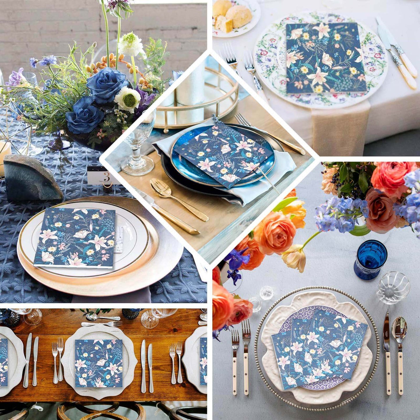 20-Pack Paper Beverage Napkins with Water Lily Floral Design Navy Blue - 2 Ply Soft 18GSM Wedding Napkins 6.5"x6.5"