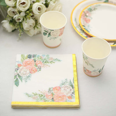 20-Pack Paper Cocktail Napkins with Pink Peony Floral Design and Gold Trim White - 2 Ply Wedding Beverage Napkins 18GSM