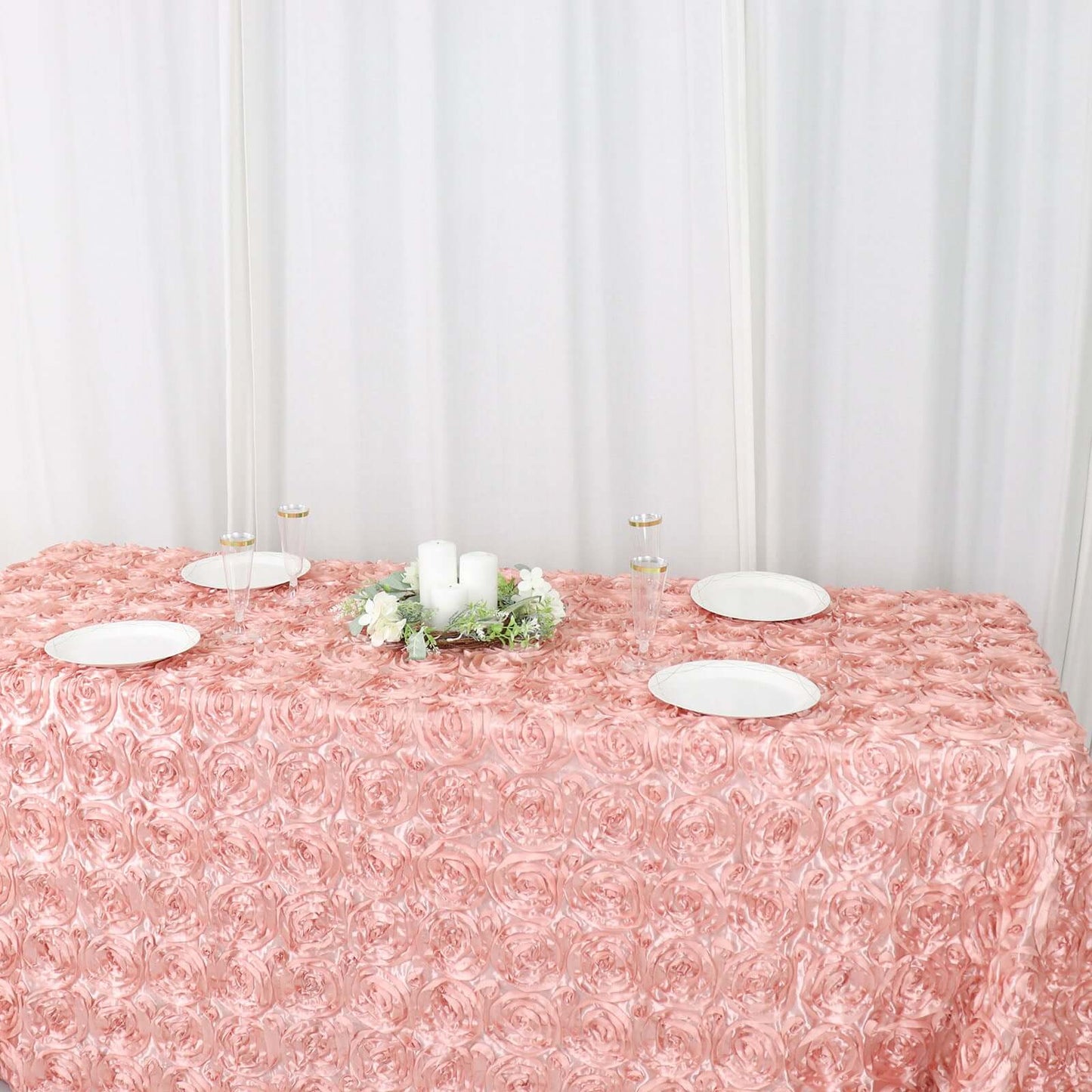 Satin 90"x132" Rectangle Tablecloth Dusty Rose - Grandiose 3D Rosette Seamless Table Cover