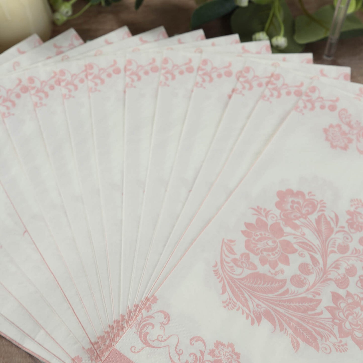 50-Pack Paper Dinner Napkins White with Pink Damask Floral Pattern 2-Ply - Stylish Disposable Napkins for Parties