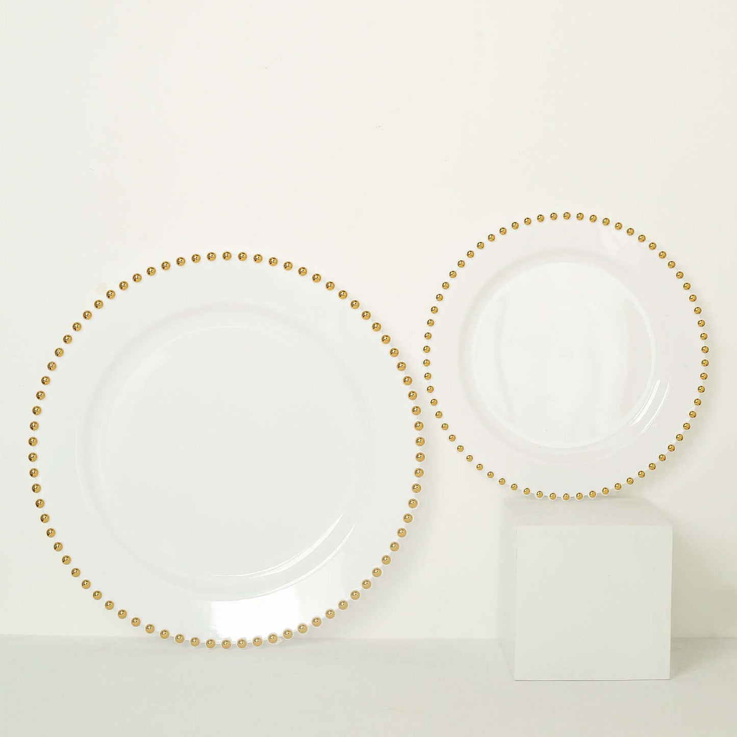 10-Pack Plastic 10" Round Dinner Plates in White with Gold Beaded Rim - Disposable Party Plates for Banquets & Festive Occasions