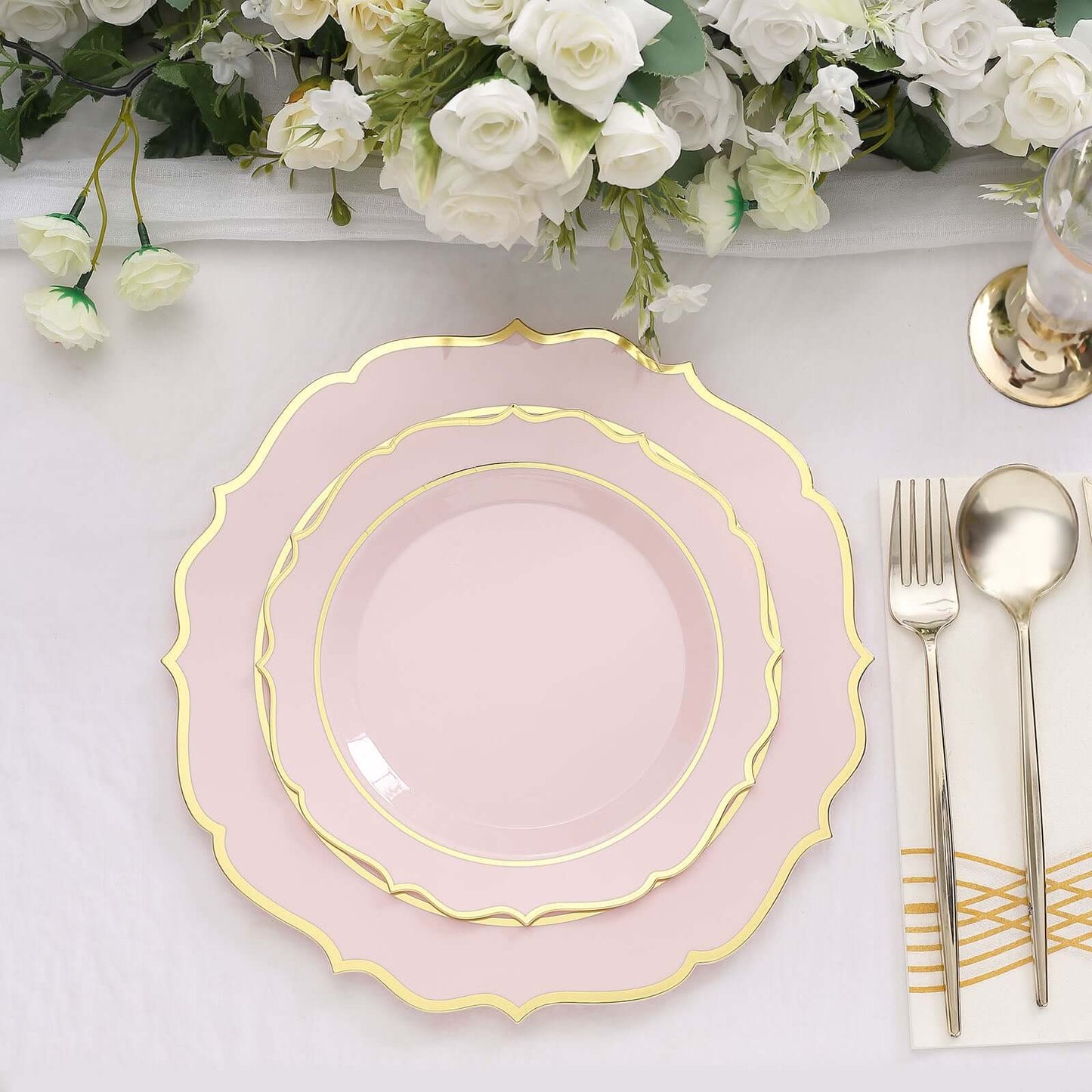 10-Pack Plastic 10" Round Dinner Plates in Blush with Gold Scalloped Rim - Disposable Party Plates