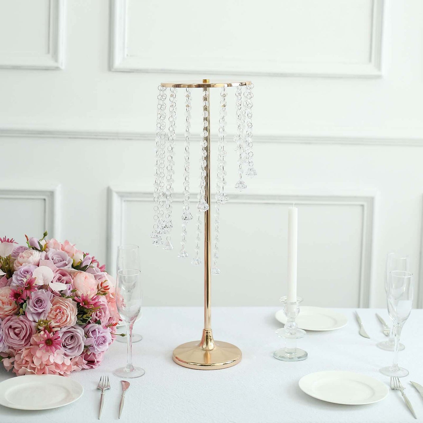 2-Pack Metal Flower Stand Gold with Spiral Hanging Beads - Crystal Pedestal Table Wedding Centerpiece 24"
