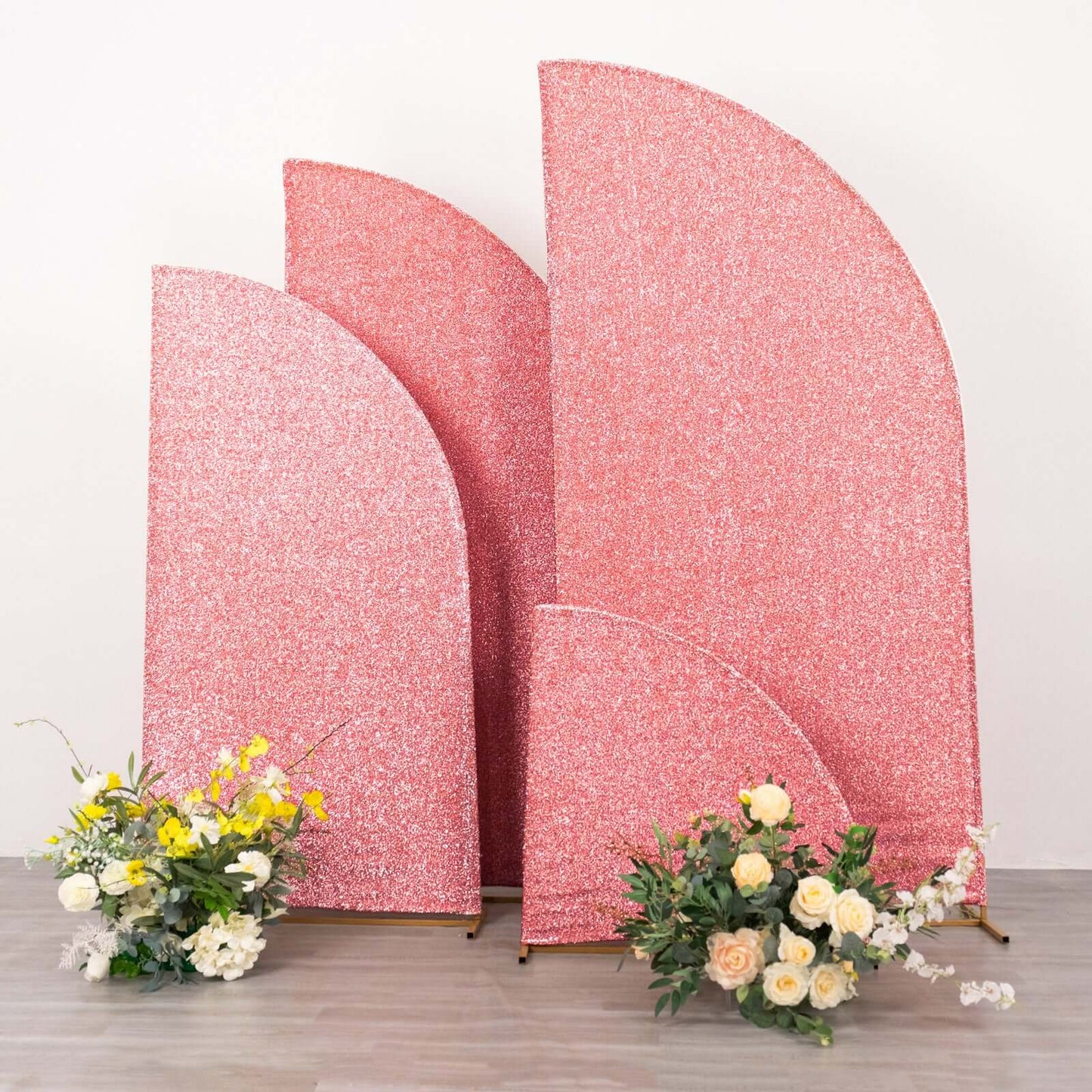 Set of 4 Rose Gold Chiara Wedding Arch Covers Shimmer Tinsel Finish, Fitted Covers For Half Moon Backdrop Stands - 2.5ft, 5ft, 6ft, 7ft