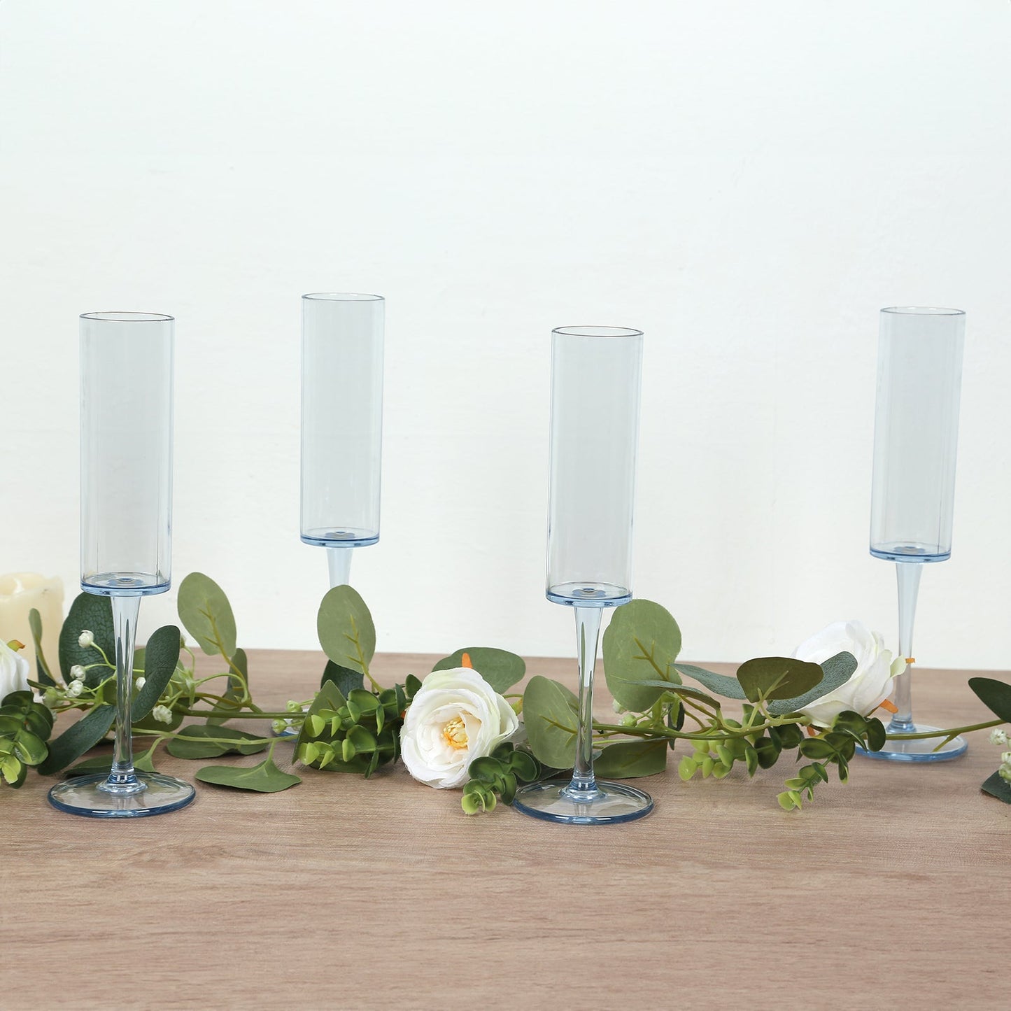 6-Pack Plastic Wine Mimosa Goblets Transparent Dusty Blue Cylindrical Shape - Reusable Champagne Flute Glasses 9.5" Tall 6oz