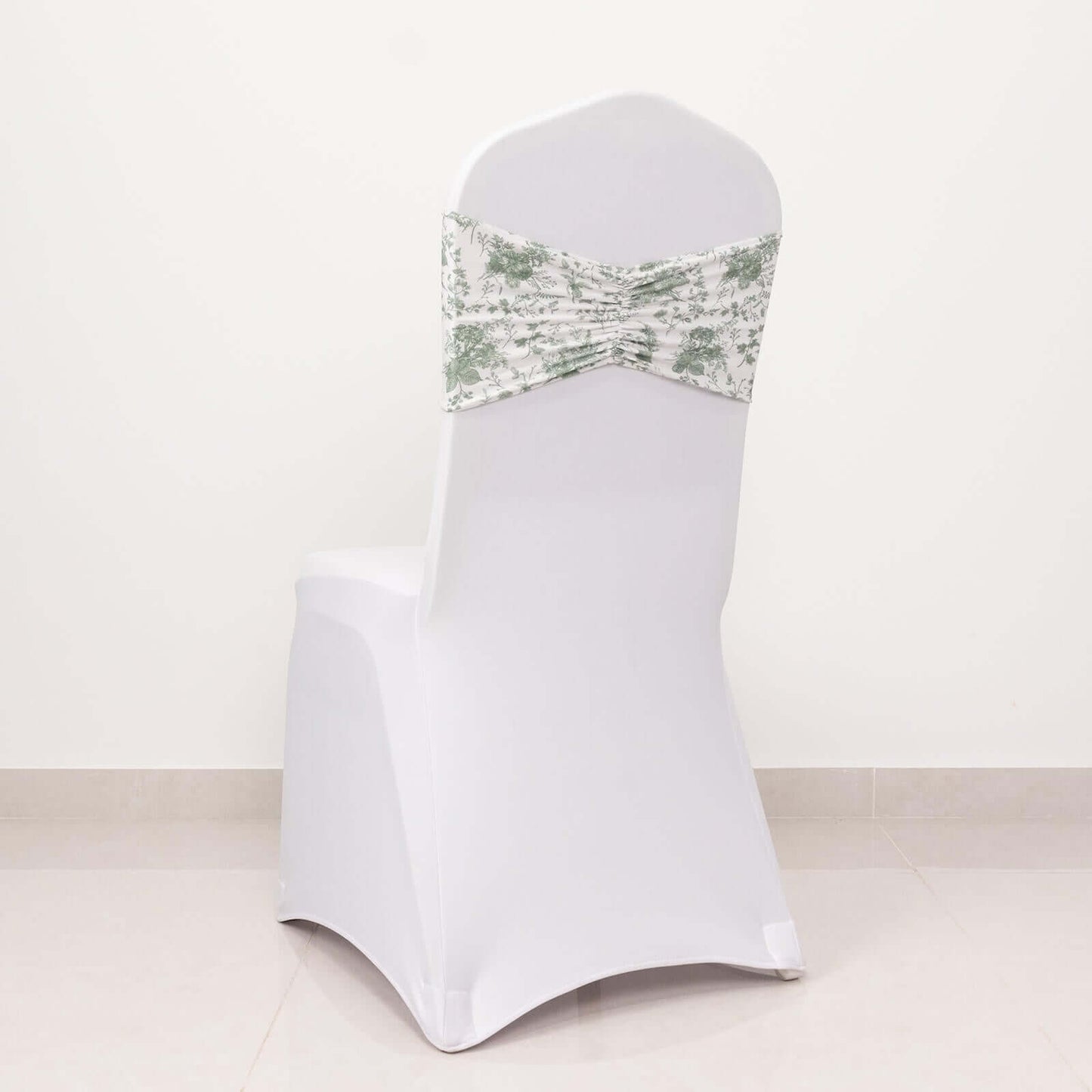 5 Pack Spandex Chair Sashes White/Dusty Sage Green French Toile Floral Pattern - Wide Wrinkle-Free Stretchable Chair Bands 8"x13"