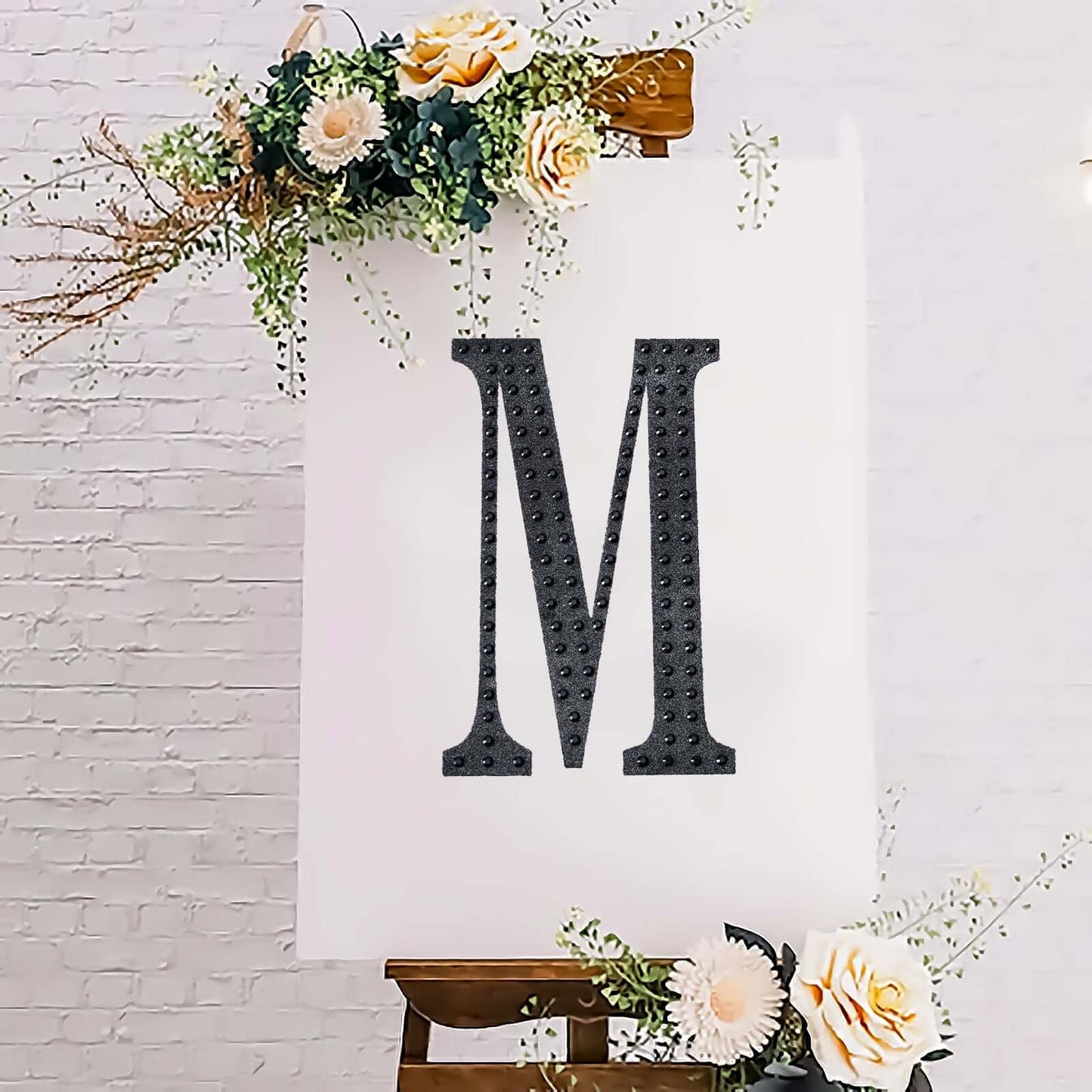 Decorative Rhinestone Alphabet "M" Letter Stickers, Glitter Adhesive Craft Letters Black DIY Sparkle Embellishments 8"