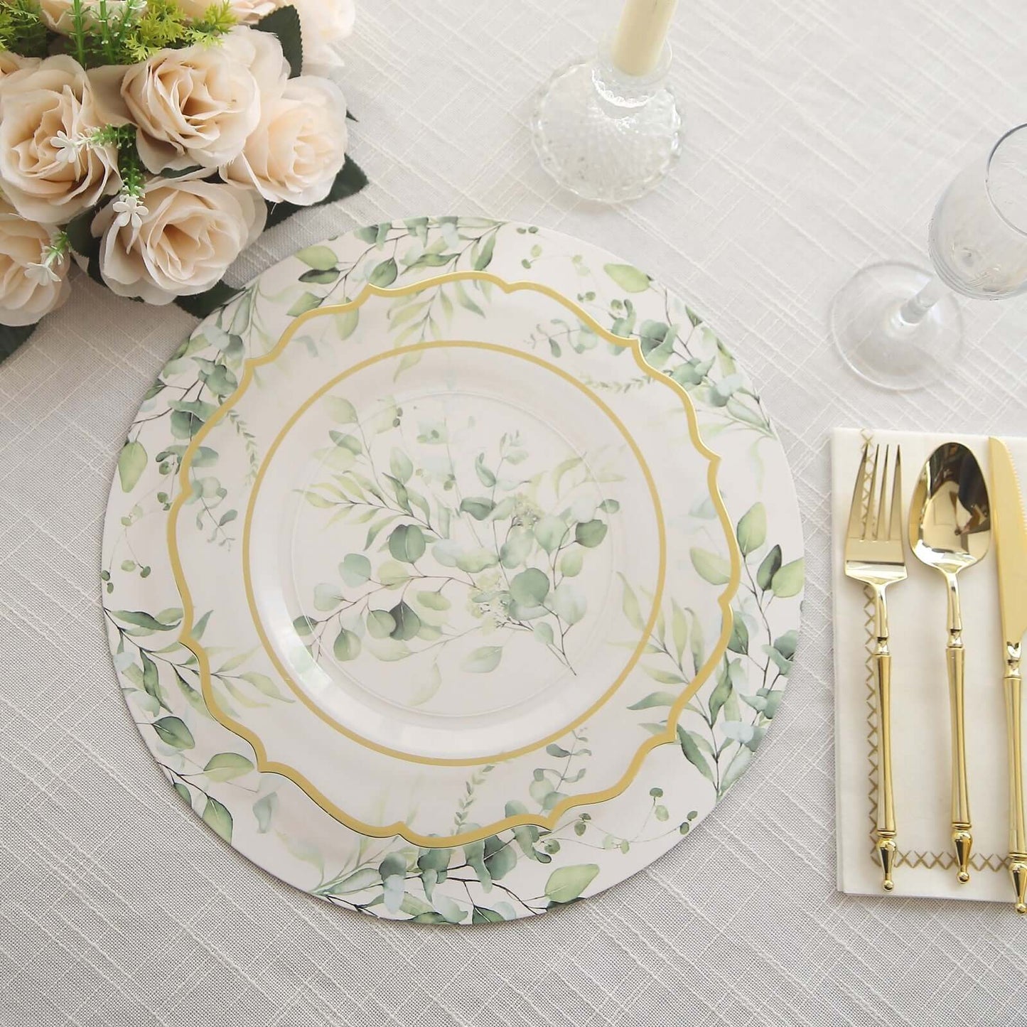 6-Pack Disposable Charger Plates in Eucalyptus Leaves Print 13" in White/Green - 700GSM Floral Paper Chargers for Stylish & Easy Cleanup