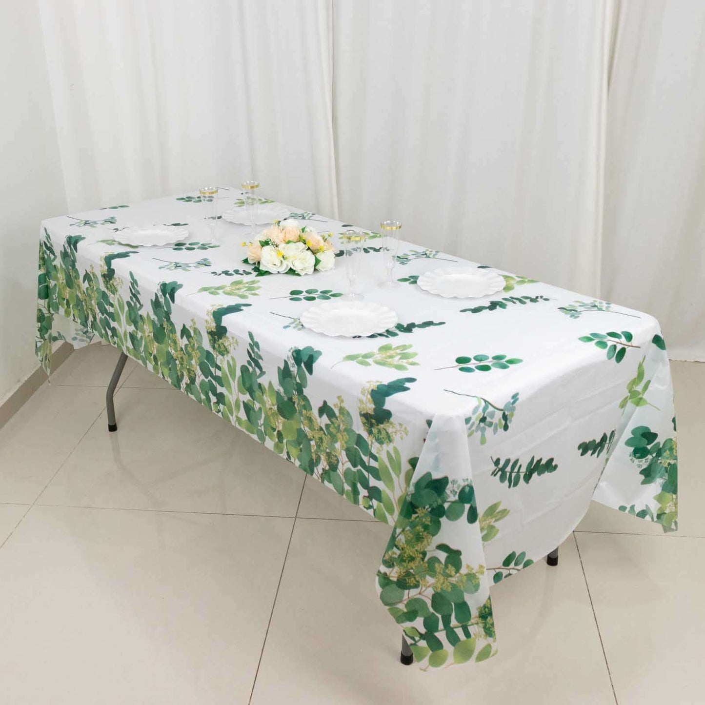 5-Pack Plastic Table Covers White/Green Rectangle with Eucalyptus Leaves Print - Decorative PVC Disposable Tablecloths 54"x108"