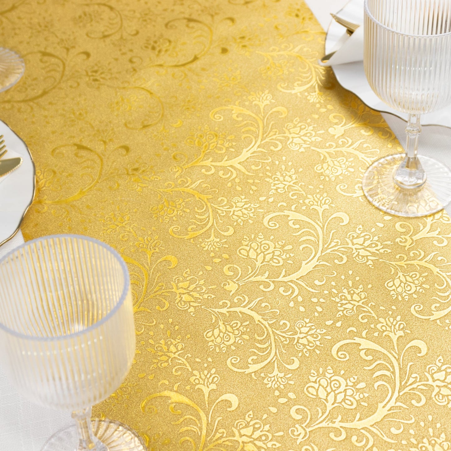 5 Pack Gold Glitter Paper Table Runners with Vintage Floral Vine Pattern - 10ft Disposable Wedding & Party Table Runners