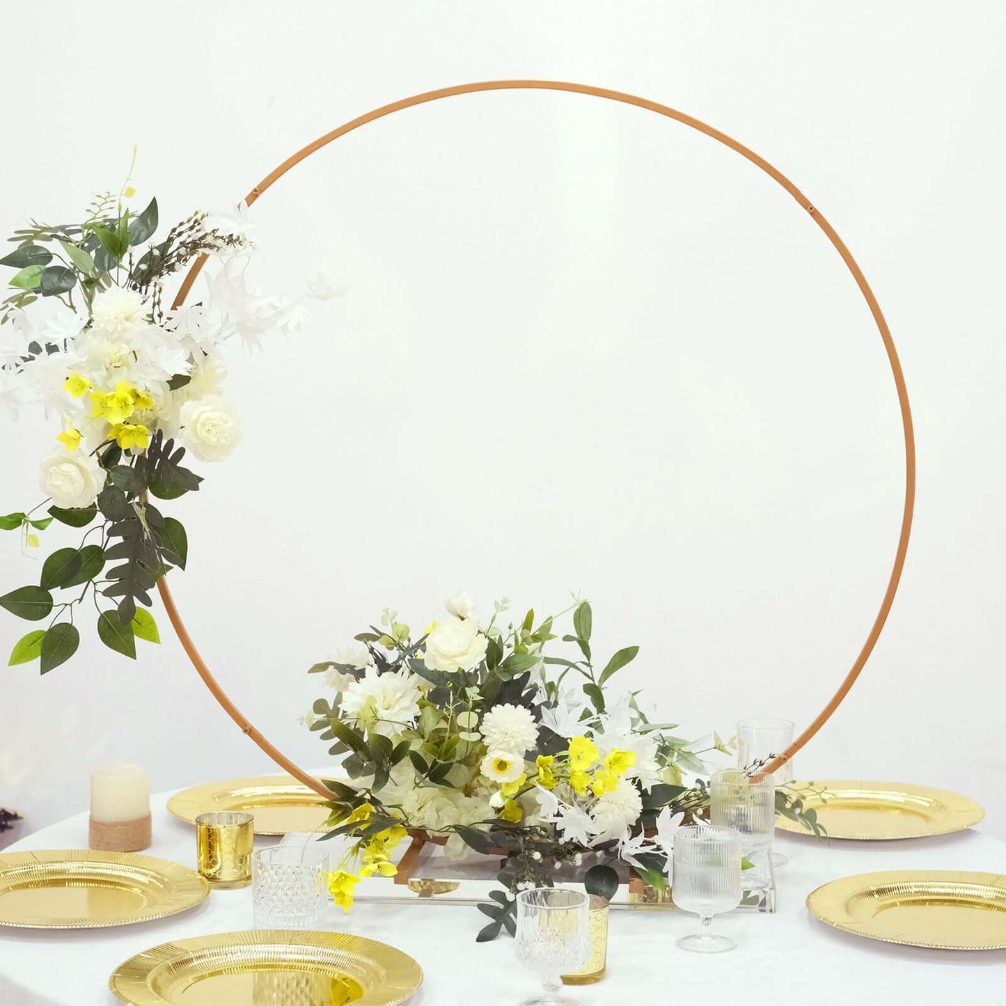 36" Gold Metal Round Hoop Wedding Centerpiece, Self Standing Table Floral Wreath Frame