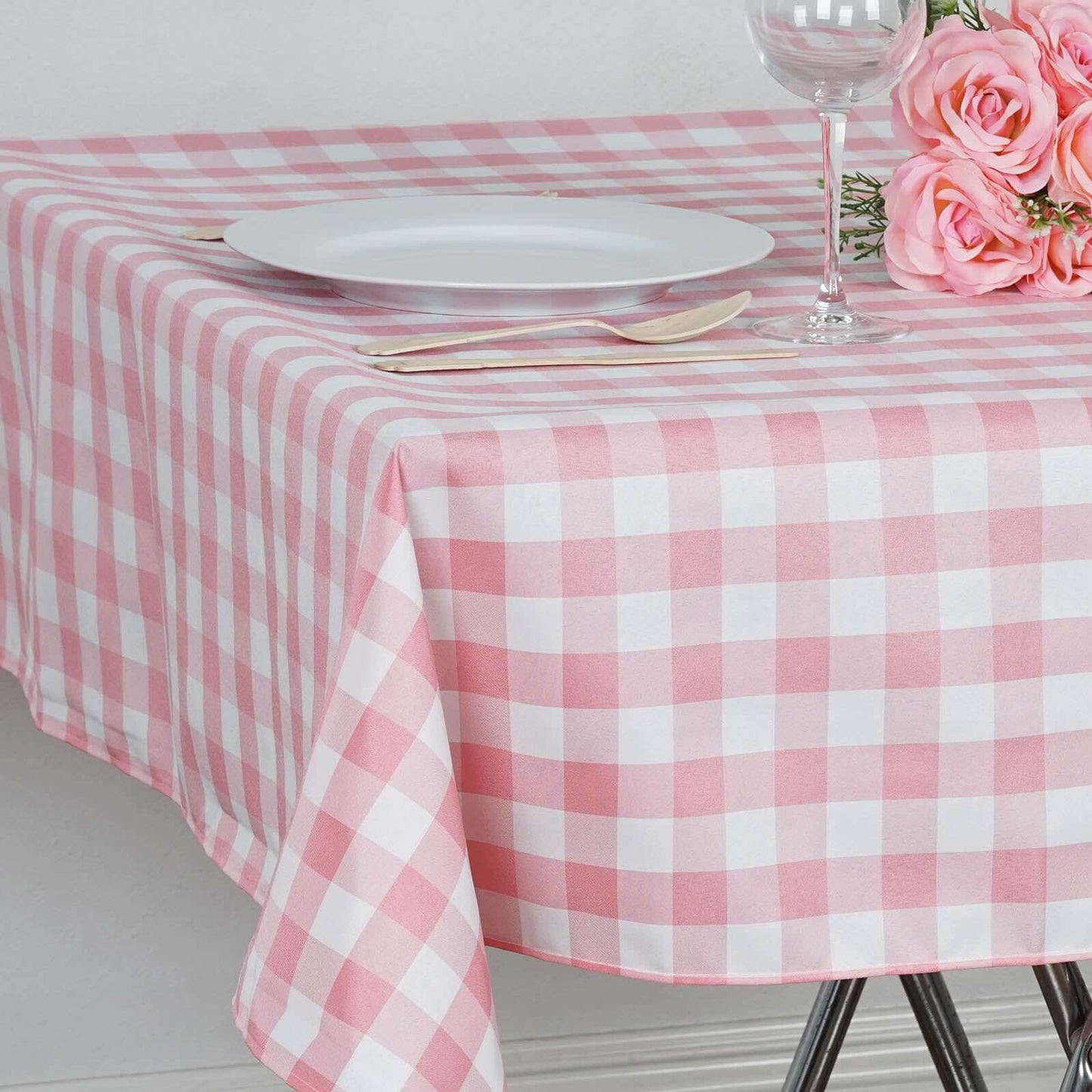 Polyester 54"x54" Table Overlay Square Tablecloth White/Rose Quartz - Checkered Buffalo Plaid Design for Casual Table Settings
