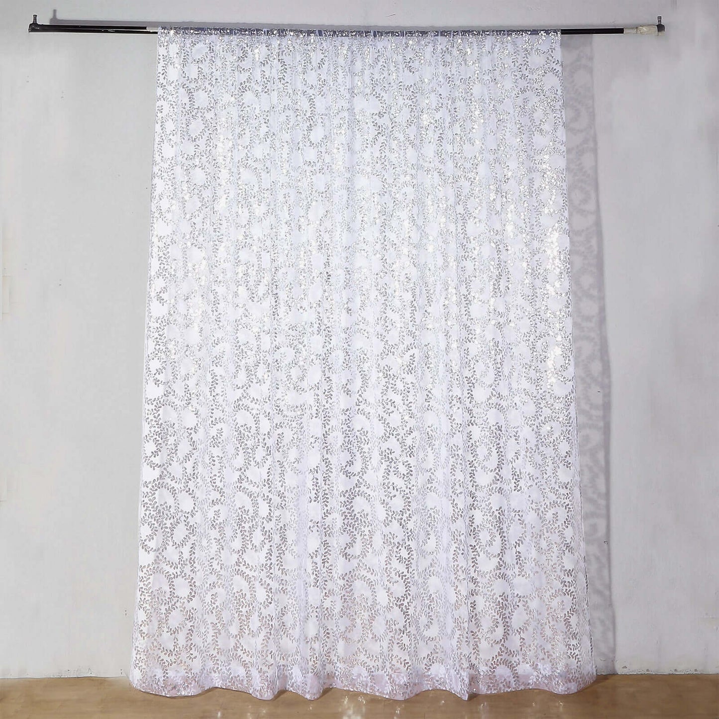 8ftx8ft Silver Embroider Sequin Event Curtain Drapes, Sparkly Sheer Backdrop Event Panel With Embroidery Leaf
