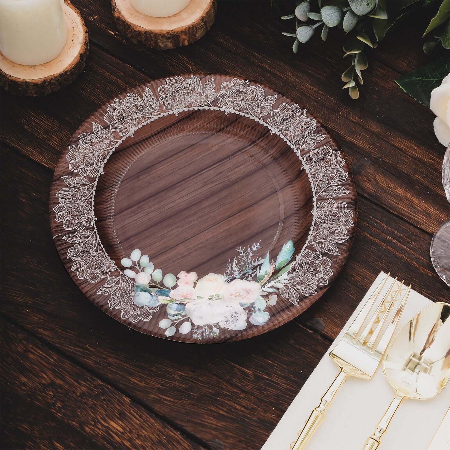 25-Pack Disposable Round Charger Plates in Brown Rustic Wood Print with Floral Lace Rim - Durable Paper Chargers for Rustic Themes & Outdoor Events 13"