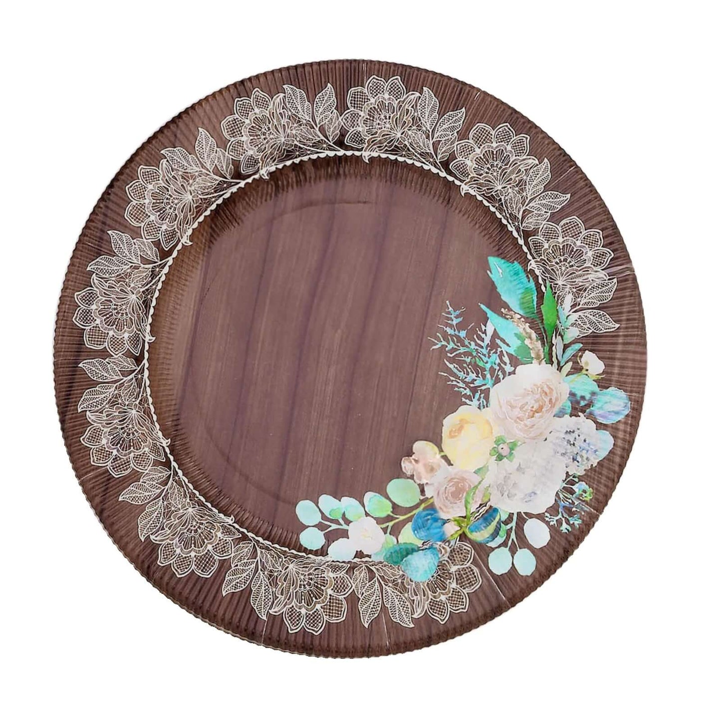 25-Pack Disposable Round Charger Plates in Brown Rustic Wood Print with Floral Lace Rim - Durable Paper Chargers for Rustic Themes & Outdoor Events 13"