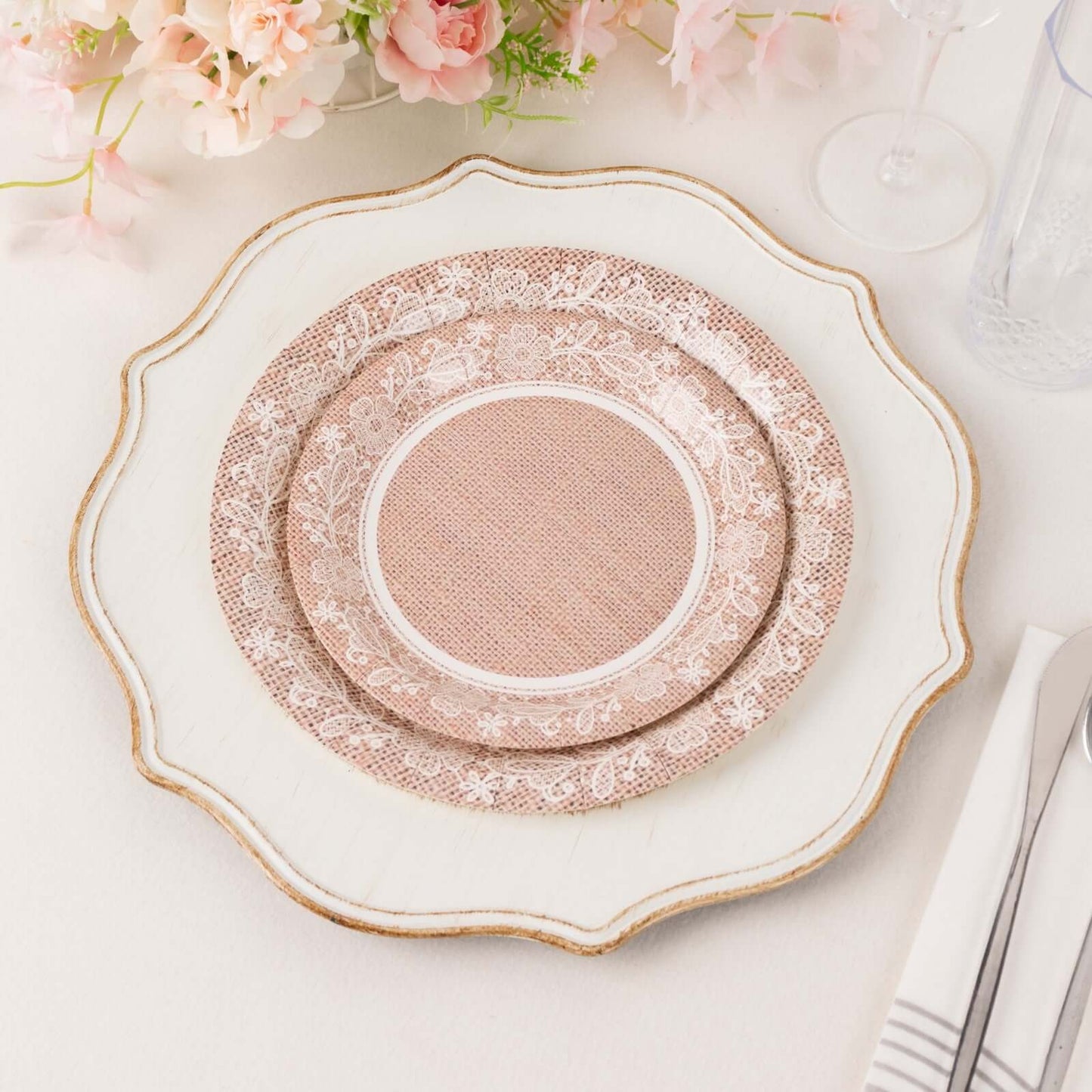 25-Pack Paper 7" Round Dessert Plates in Natural Burlap Print with Floral Lace Rim - Disposable Rustic Appetizer Salad Plates for Farmhouse Weddings & Celebrations