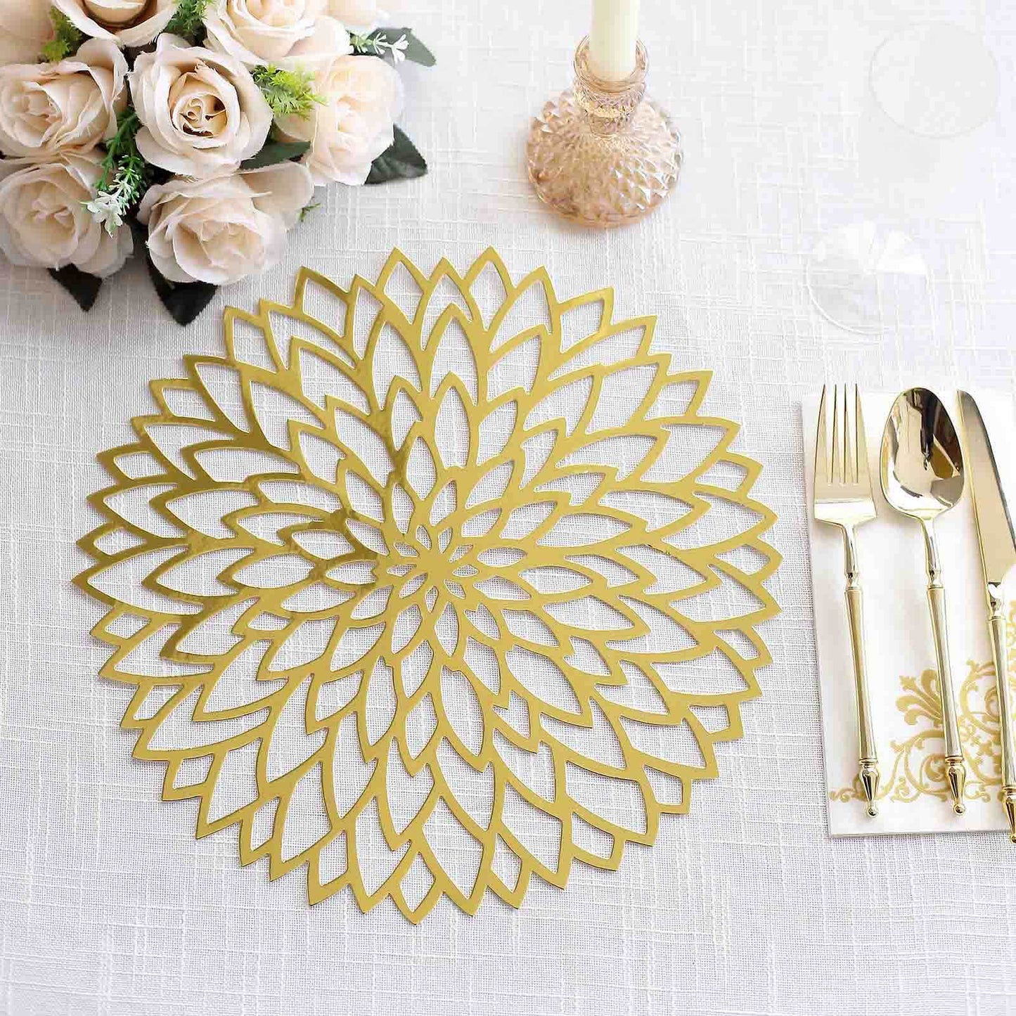 6-Pack Disposable Table Placemats in Metallic Gold with Laser Cut Hibiscus Flower Design - 400GSM Cardboard Placemats for Glamorous Table Decor 13"