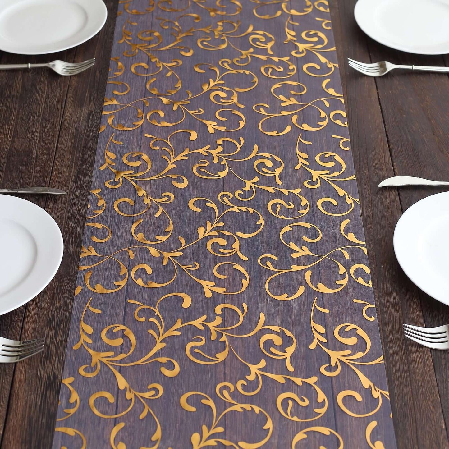 Sheer Organza 12"x108" Table Runner Roll Metallic Gold Foil Embossed Floral Design - Stylish Event Decoration