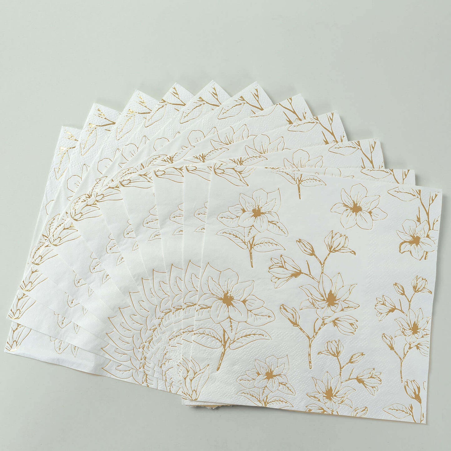 50-Pack Paper Cocktail Napkins with Gold Magnolia Flowers Print White - Highly 2 Ply Absorbent Soft Napkins for Beverages