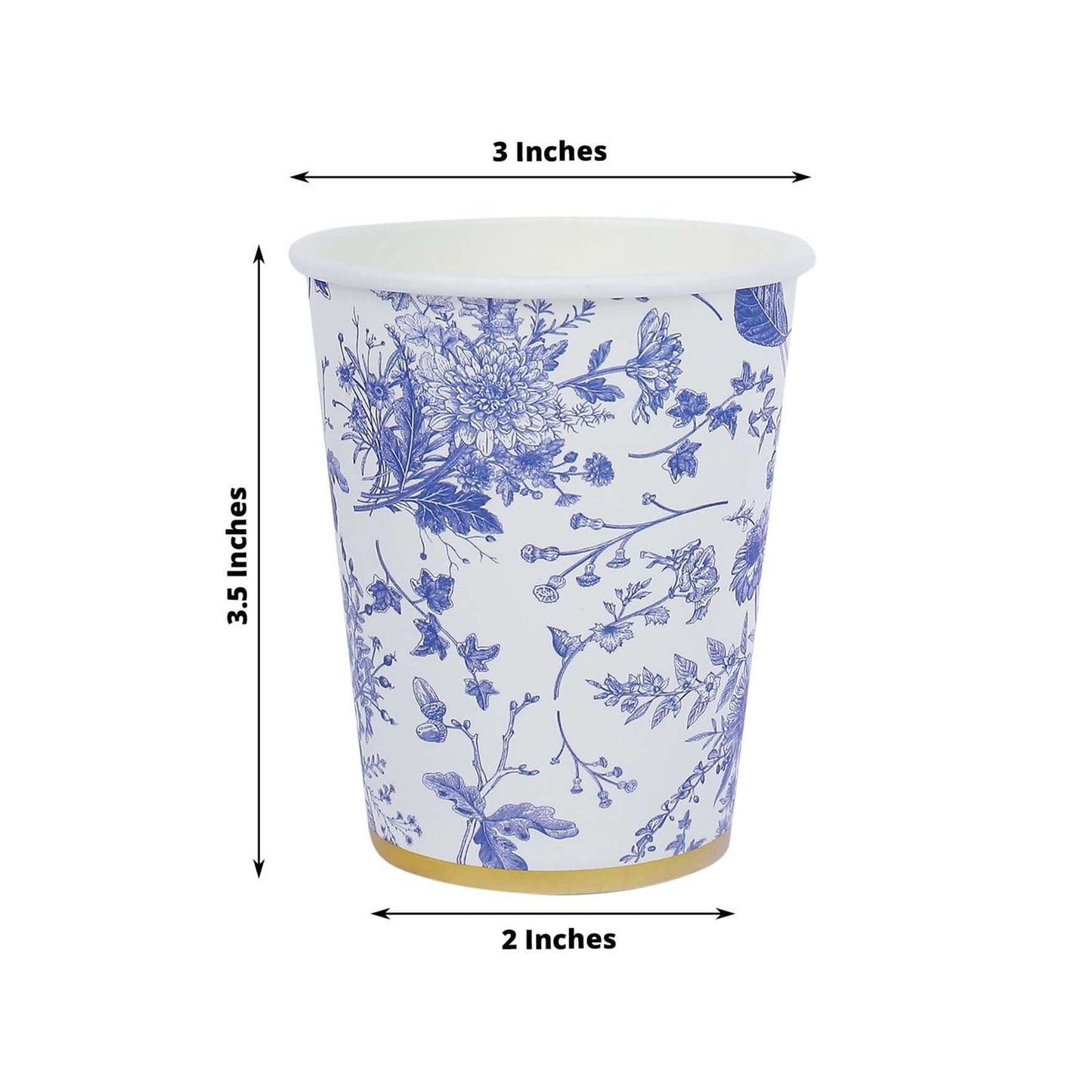 24 Pack Disposable Paper Cups in White Royal Blue French Toile Pattern with Gold Rim, Elegant Party Cups - 9oz
