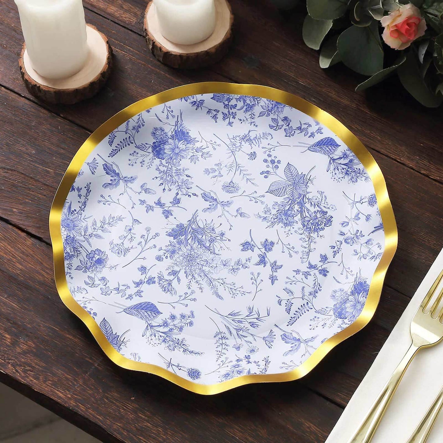 25-Pack Paper Round Dinner Plates 10" in White with Blue French Toile Pattern & Gold Wavy Rim - Disposable 350GSM Party Plates