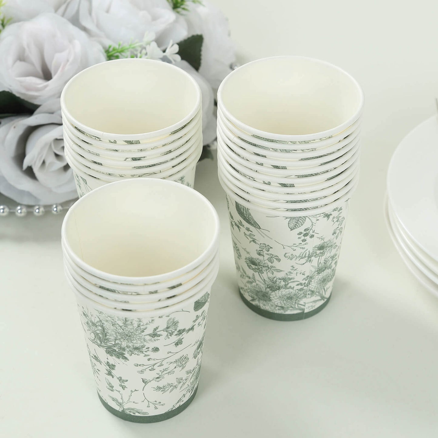 24 Pack Disposable Paper Cups in White Sage Green French Toile Pattern, Elegant Party Cups - 9oz