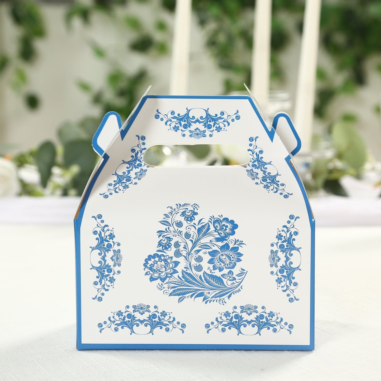 25 Pack Candy Gift Tote Gable Boxes in White Royal Blue Damask Floral Pattern, Party Favor Treat Boxes - 6"x3.5"x7"