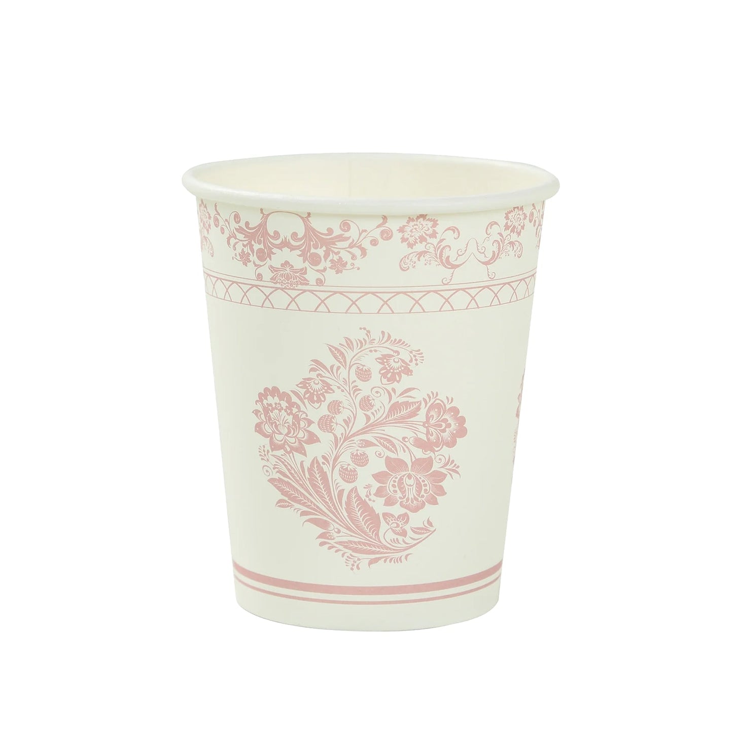 24 Pack Disposable Paper Cups in White Pink Damask Floral Pattern, Elegant Party Cups - 9oz
