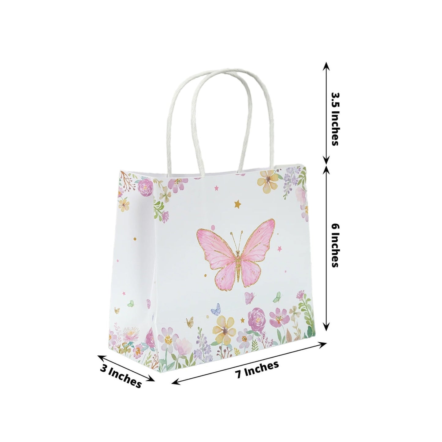 12 Pack Pink Glitter Butterfly Paper Favor Bags with Handles, Floral Print White Goodie Gift Bags - 6"x7"