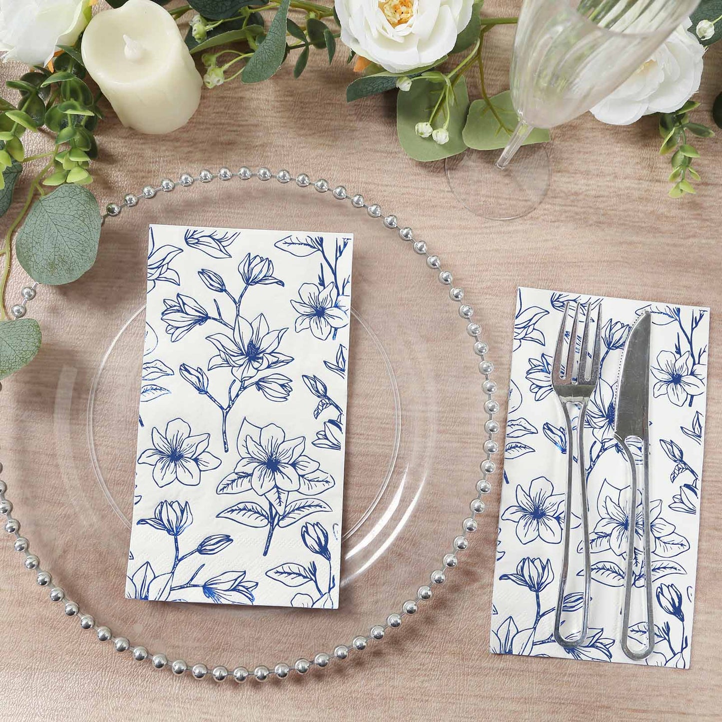 50-Pack Paper Dinner Napkins White with Blue Magnolia Flowers Print 2-Ply - Disposable Soft Napkins for Parties