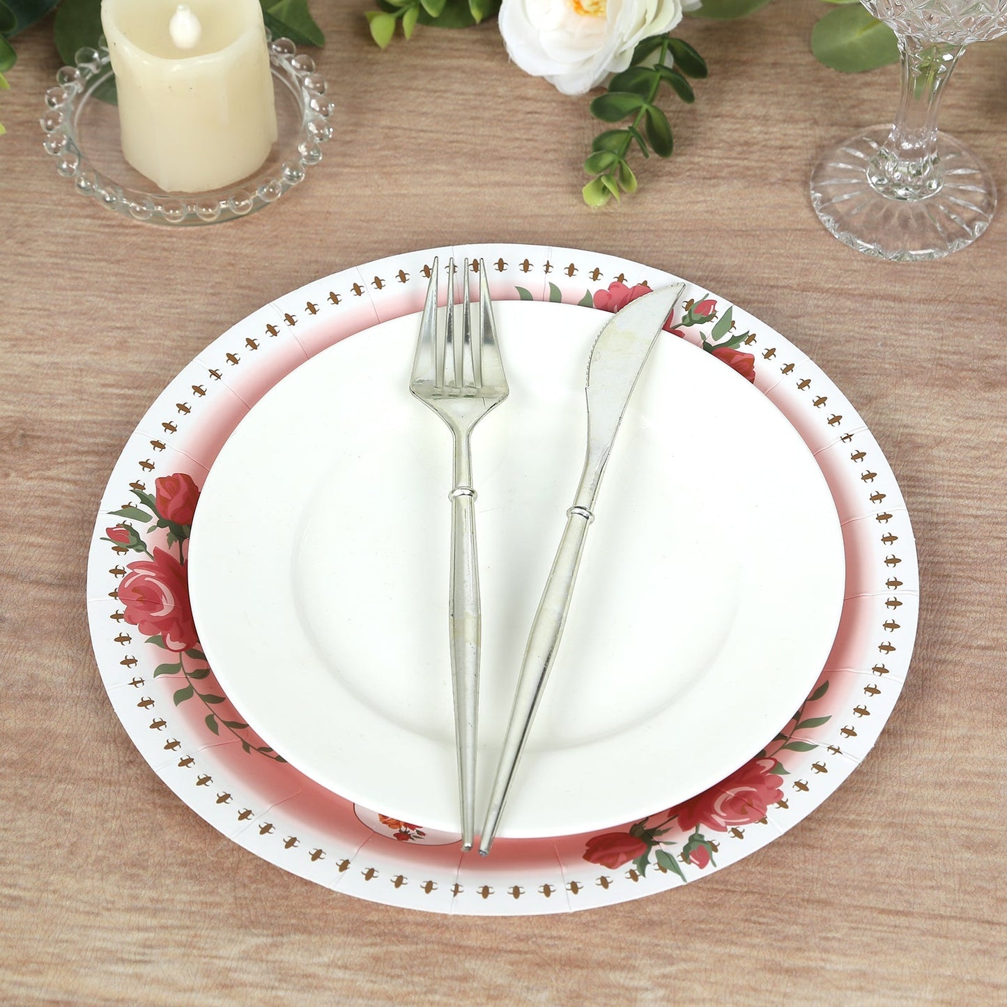 25-Pack Paper 9" Round Dinner Plates in Dusty Rose with Vintage Rose Flower Print - Disposable Plates