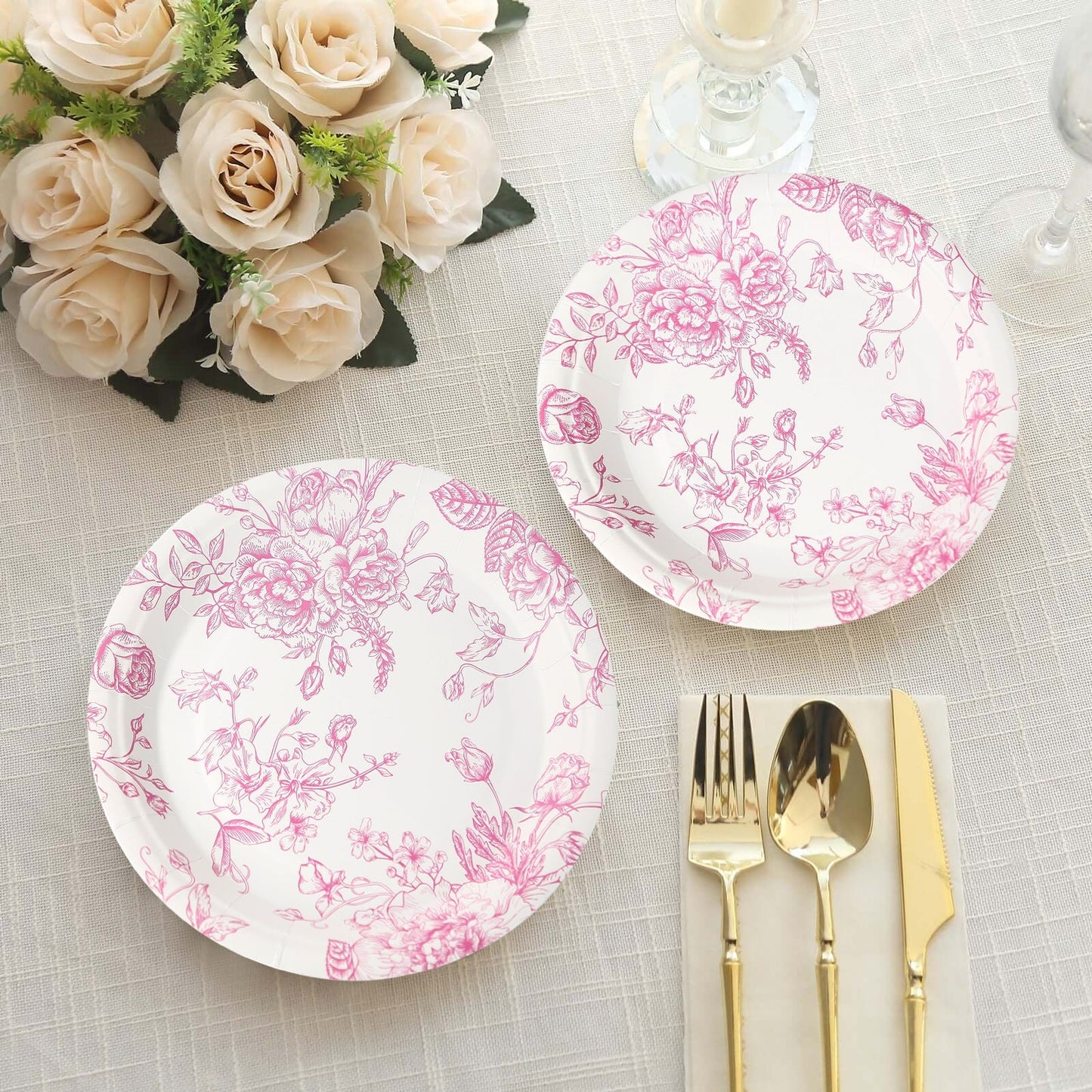 25-Pack Paper 7" Round Dessert Plates in White with Matte Pink French Toile Pattern - Disposable Floral Salad Appetizer Plates
