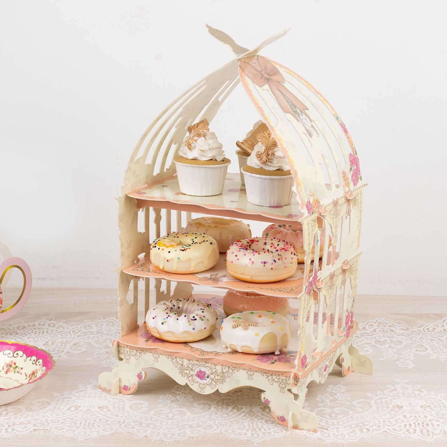 3 Tier Cardboard Cupcake Stand White/Peach Birdcage Style - Charming Reusable Cake Display Holder with Floral Print for Dessert Bars Afternoon Teas & Party Decor 18"