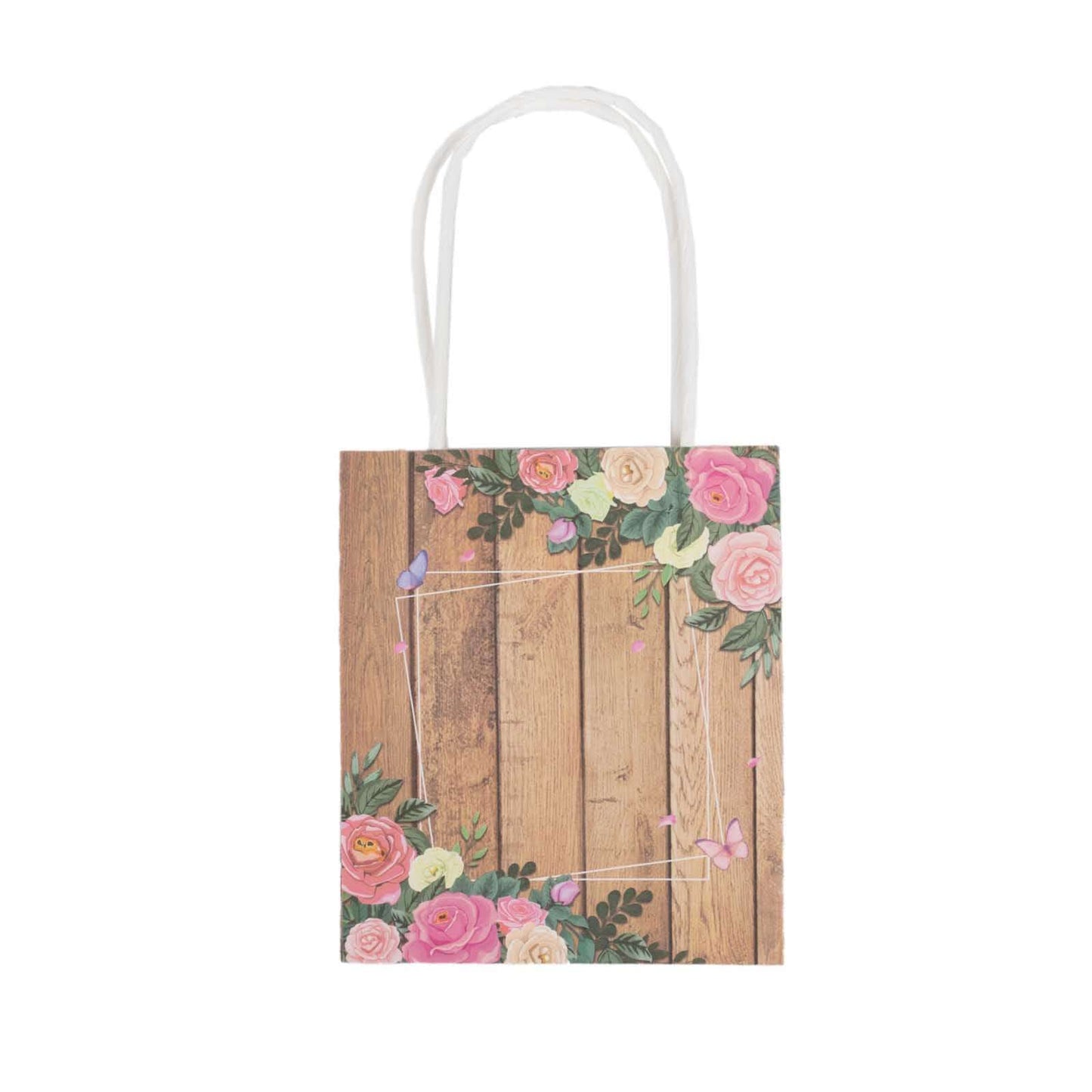 12 Pack Natural Wood Print Paper Party Favor Bags with Rose Floral Accent, Small Gift Goodie Bags With Handles - 4"x5"