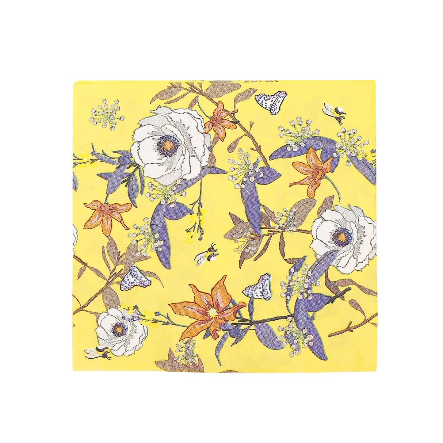 20-Pack Paper Beverage Napkins with Blooming Flowers Design Yellow - 2 Ply Soft 18GSM Floral Wedding Napkins 6.5"x6.5"