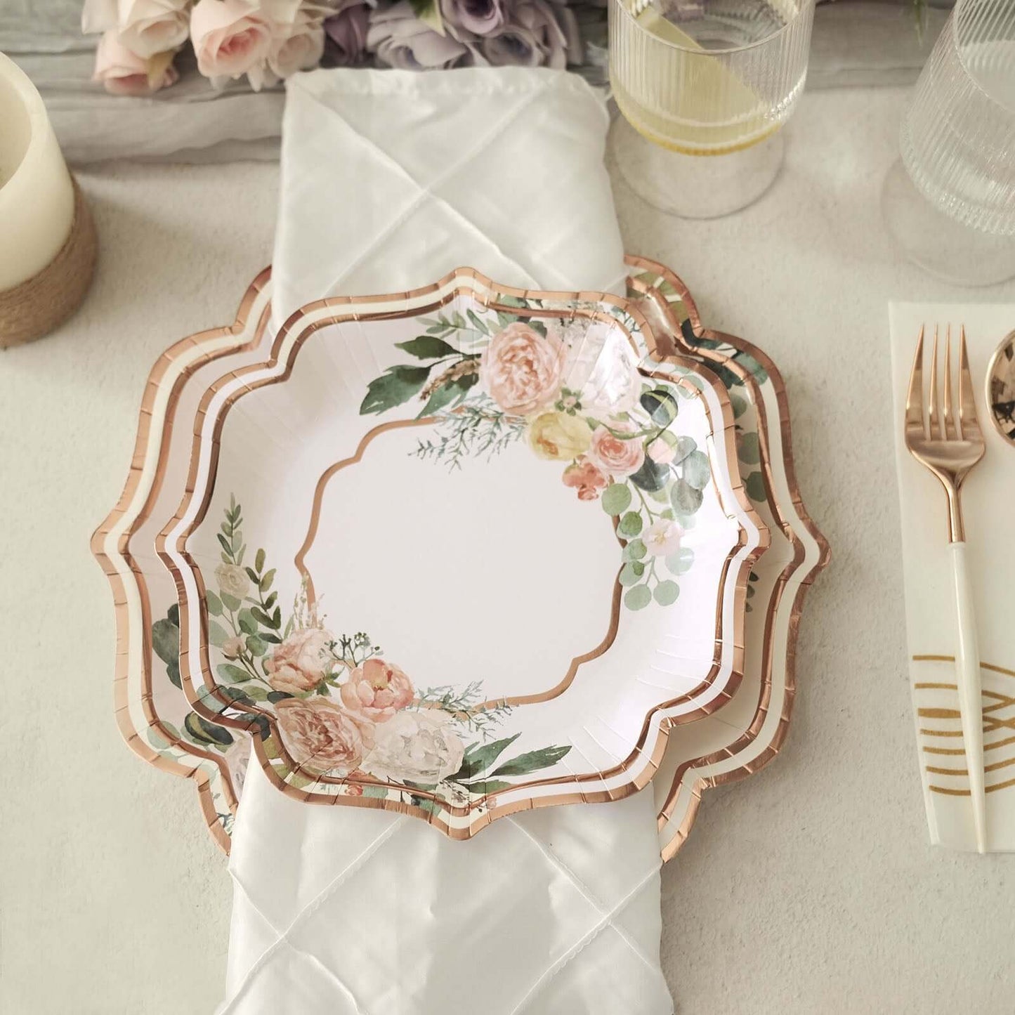 25-Pack Paper 8" Dessert Plates in White with Floral Print & Rose Gold Scallop Rim - Disposable 300GSM Appetizer Salad Plates