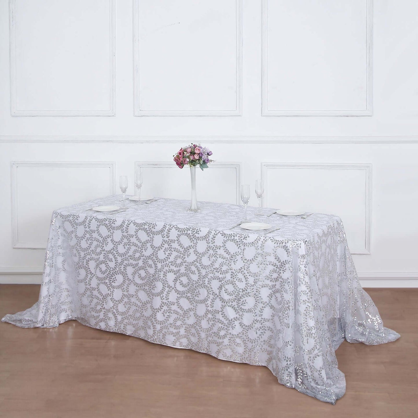 Tulle 90"x156" Rectangle Tablecloth Silver - Sequin Leaf Embroidered Table Cover