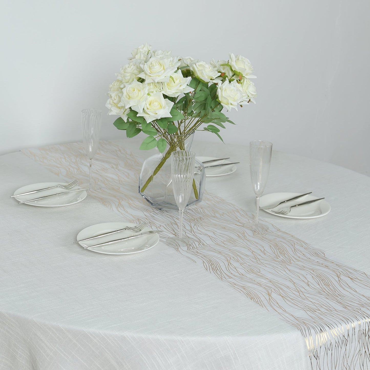 5 Pack Organza 12"x108" Table Runners White with Gold Foil Wave Design - Disposable Stylish Event Decoration