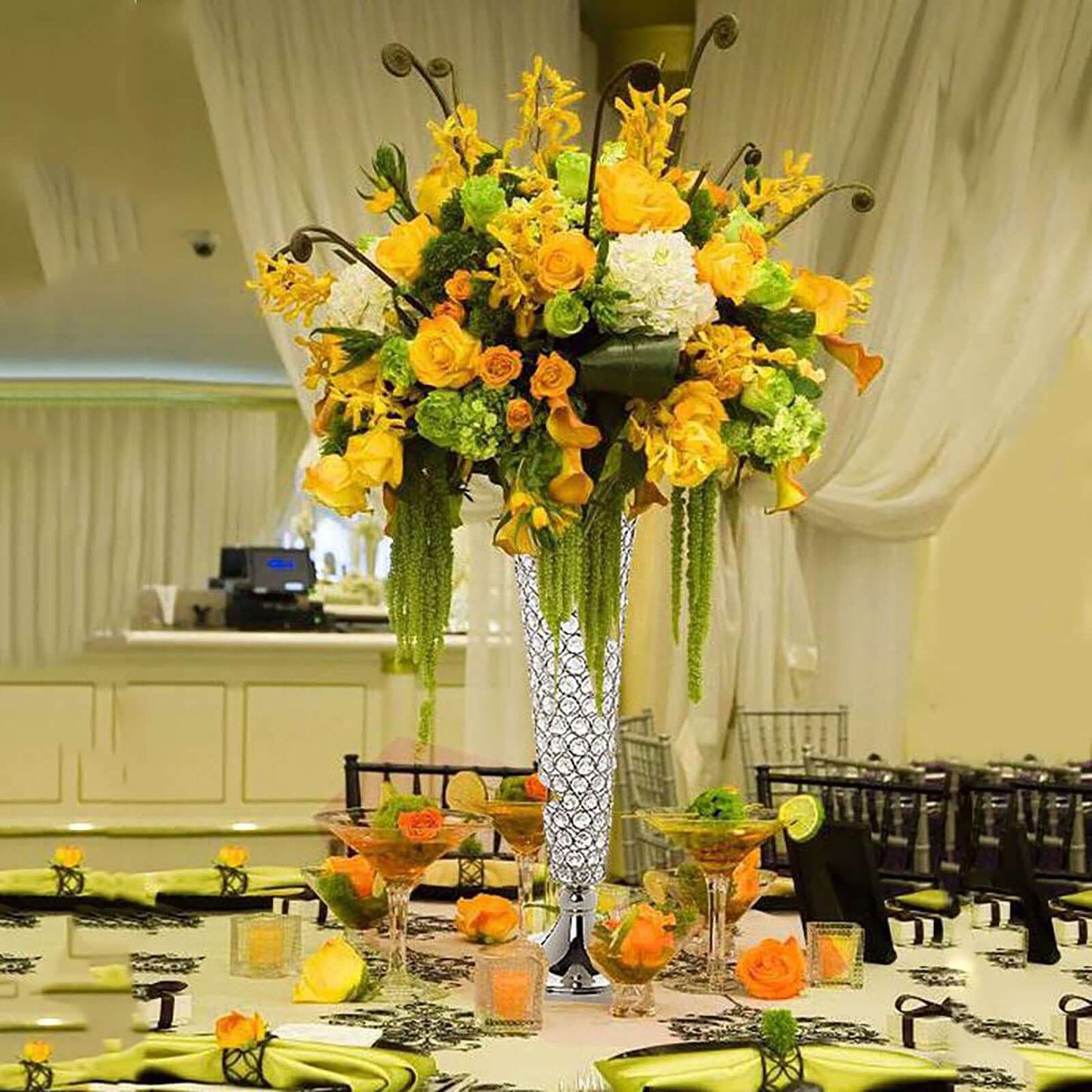 2-Pack Crystal Beaded Trumpet Vase Set Silver - Table Centerpiece for Stylish Decor 22"