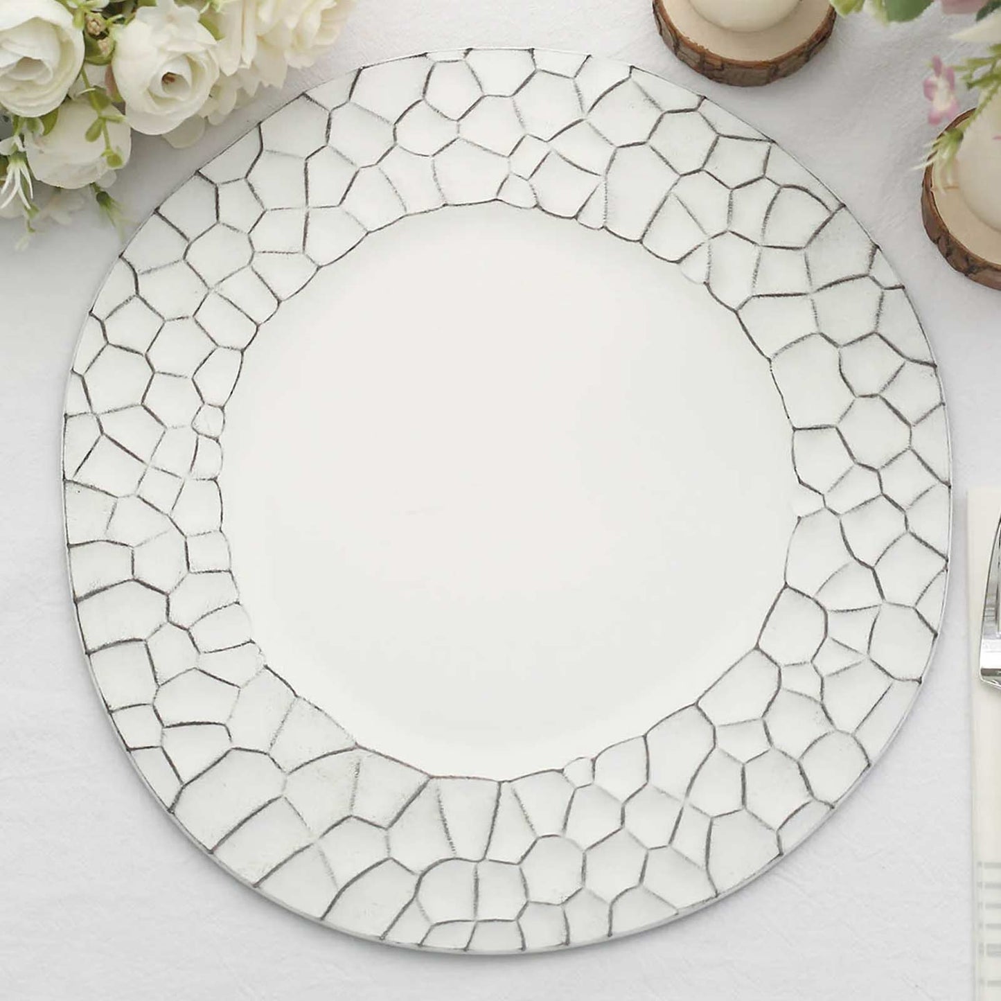 6-Pack Round Charger Plates 13" in White with Hammered Rim, Matte Finish Modern Dinner Charger Tableware